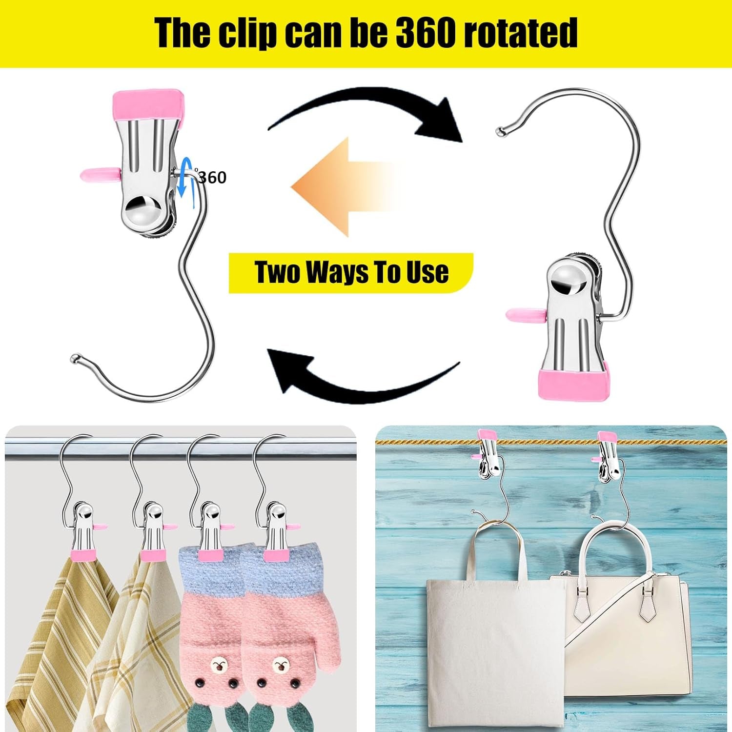 30 Pack Boot Hangers for Closet, Pink Laundry Hooks with Clips, 360° Swivel Stainless Steel Boot Hanger Clips, Portable Hangers Single Clip, Space Saving Boots Clip for Hanging Shirts Pants
