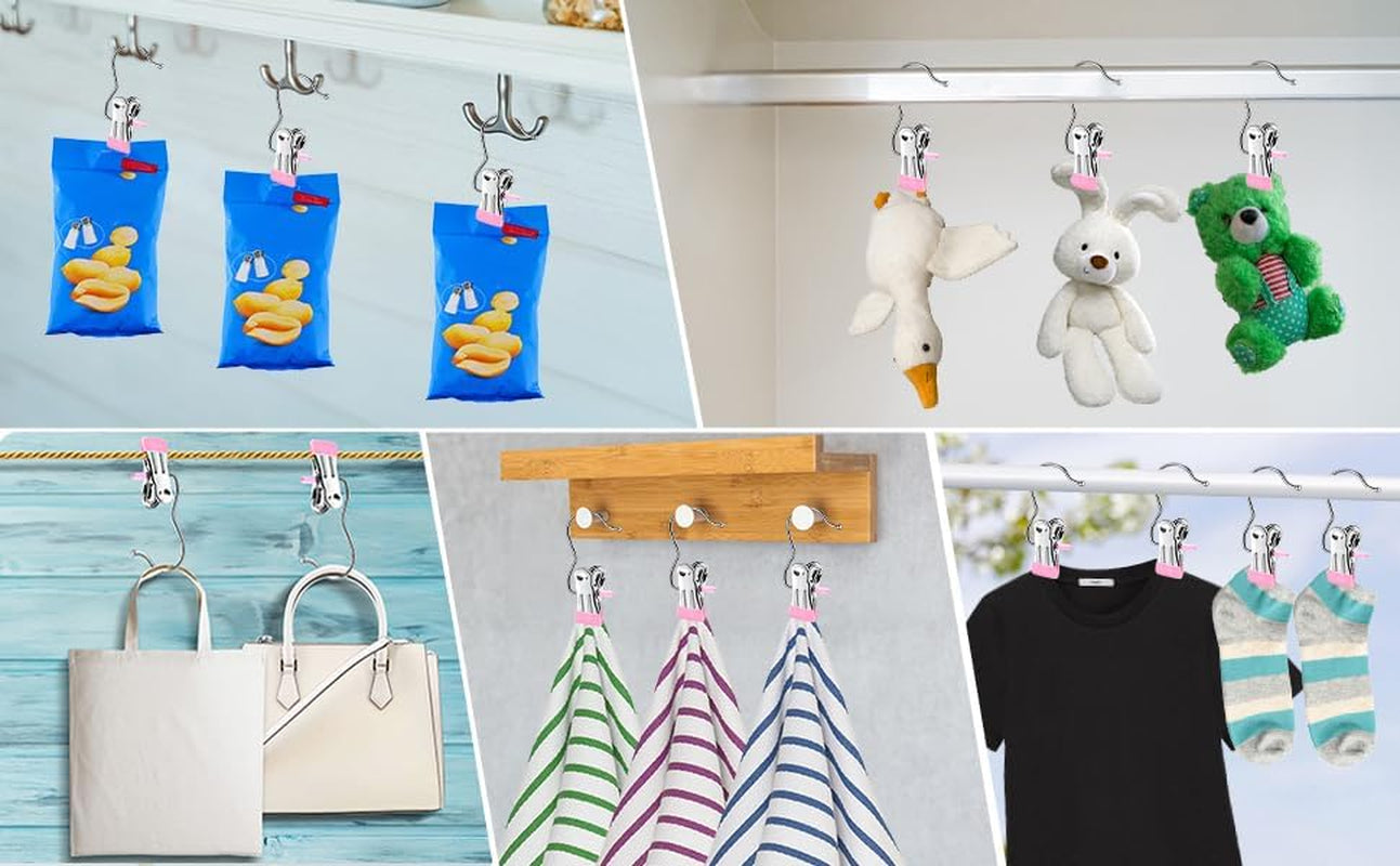 30 Pack Boot Hangers for Closet, Pink Laundry Hooks with Clips, 360° Swivel Stainless Steel Boot Hanger Clips, Portable Hangers Single Clip, Space Saving Boots Clip for Hanging Shirts Pants
