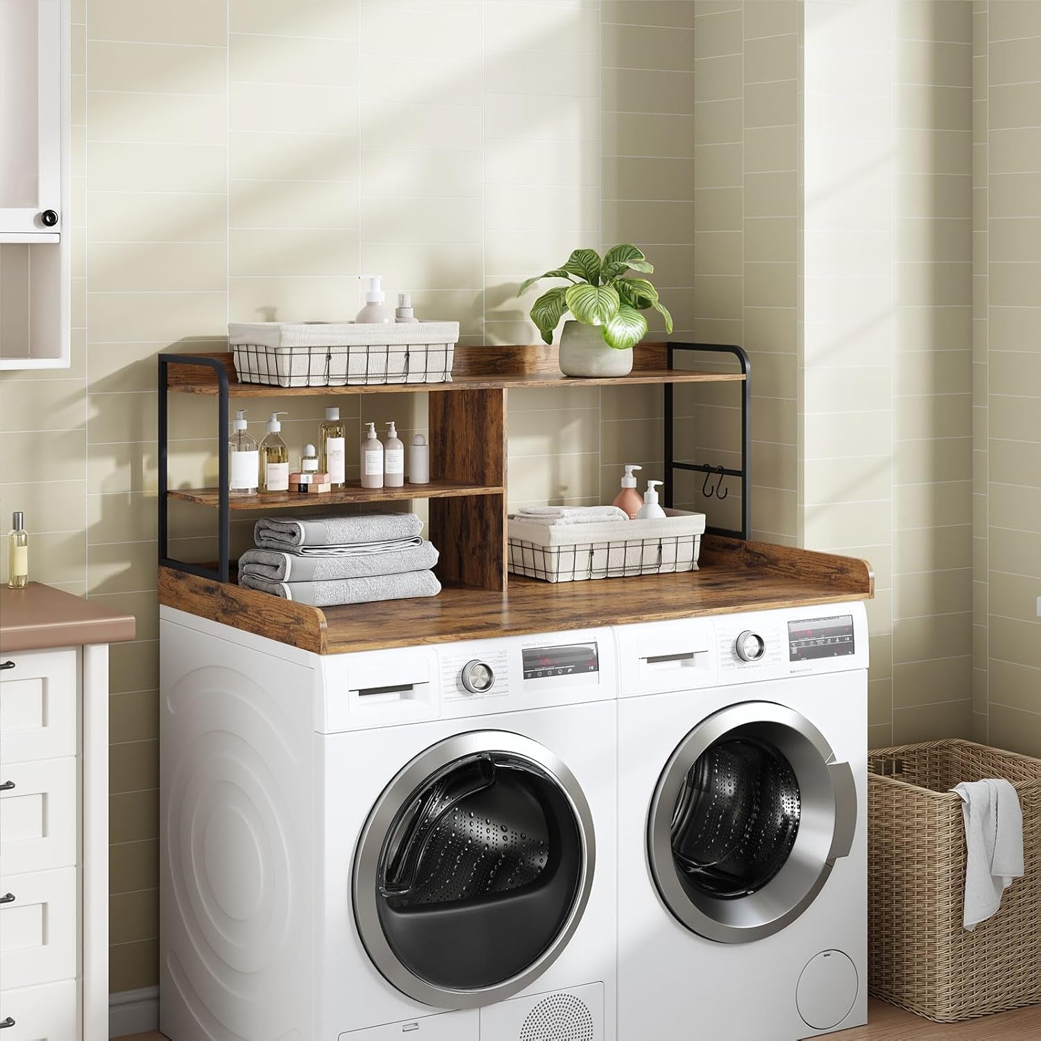 Washer and Dryer Countertop with Shelves, 54" X 27.56" 3 Tiers Large Laundry Topper with 2.95" Edge Rails, Laundry Room Storage and Organization with 2 Hooks and Non-Slip Pads