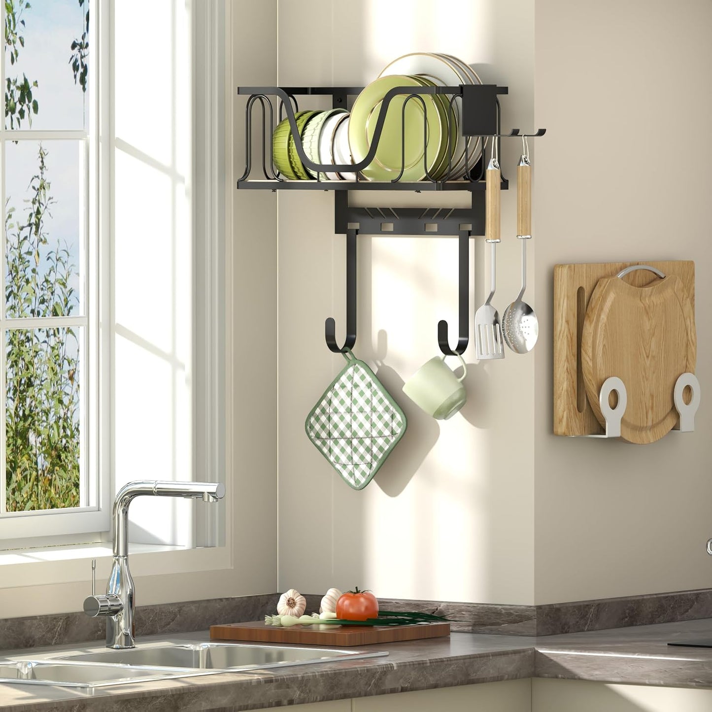Ironing Board Hanger, 2 in 1 Wall-Mount & over the Door with High-Sided Basket and Side Hooks, Fits T and Y Shaped Legs, Space Saving Iron Holder for Laundry, Sewing Room Decor and Accessories,Black