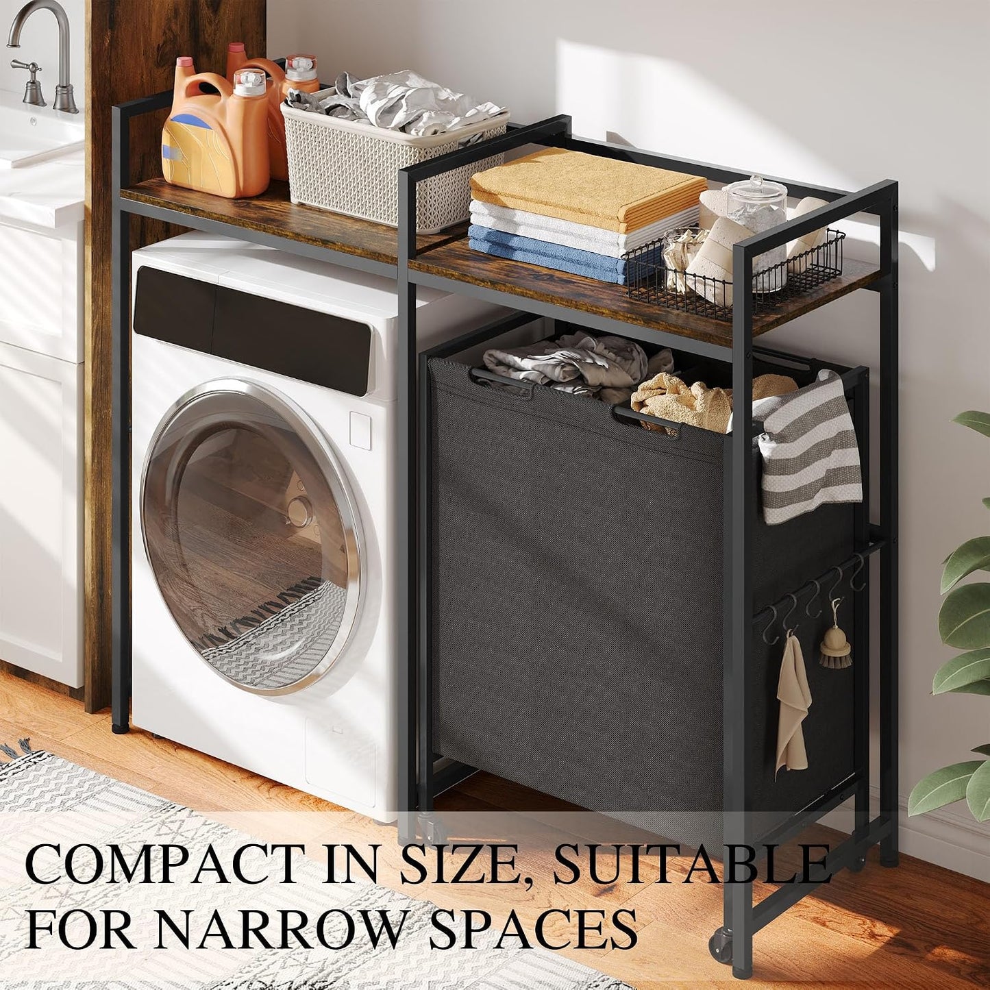over Washer and Dryer Shelves, Standing Shelf with Wheels 68.7 Gal Rolling Laundry Hamper with Shelf/Hooks, over Washer Storage Portable Laundry Cart Bathroom Organization, 55" H X 47.20" W