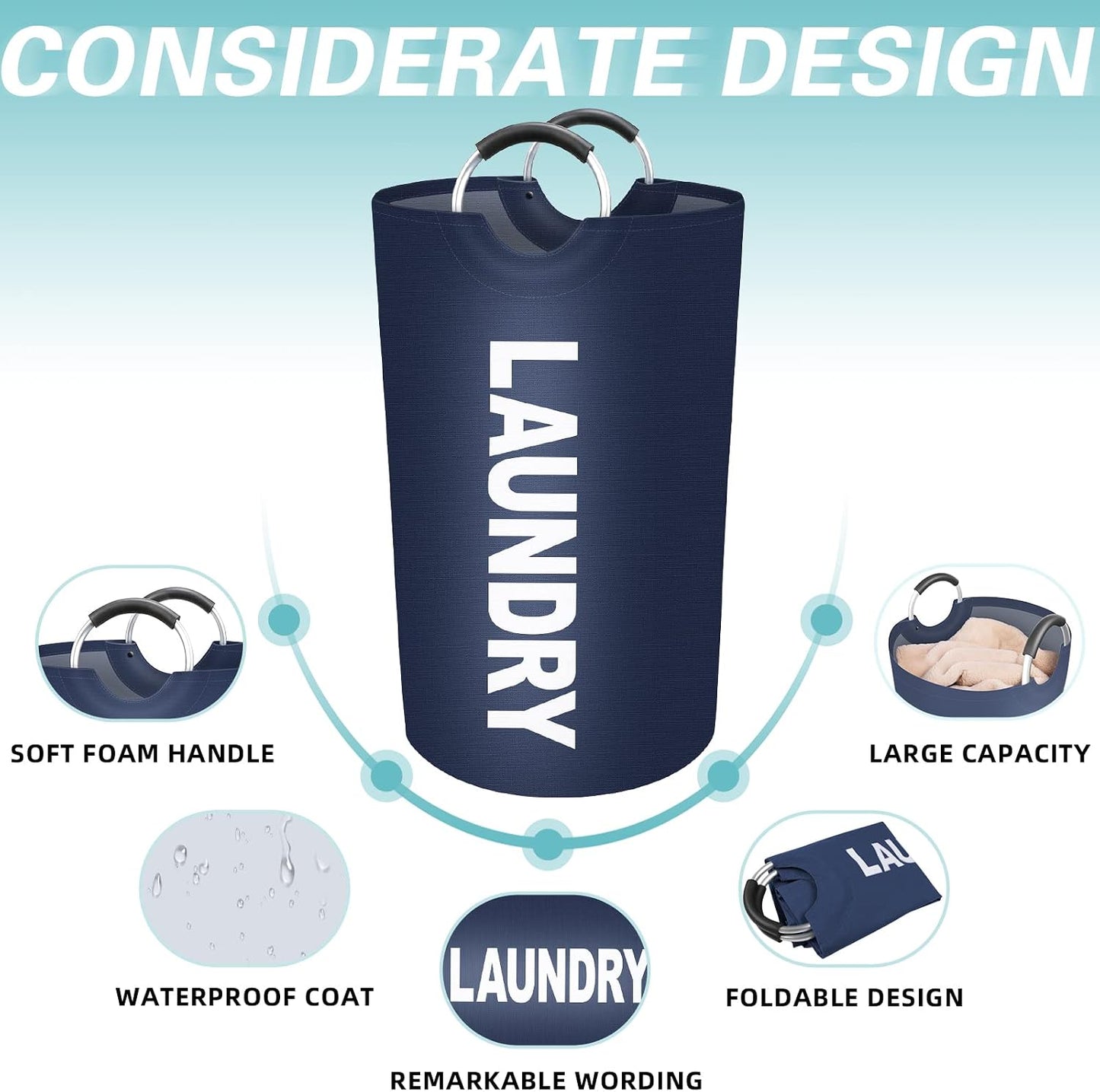 90L Large Laundry Basket, Laundry Hamper, Dirty Clothes Hamper for Laundry, Collapsible, Waterproof Laundry Baskets with Foam Protected Aluminum Handles for Laundry, Dorm, Family (Blue)