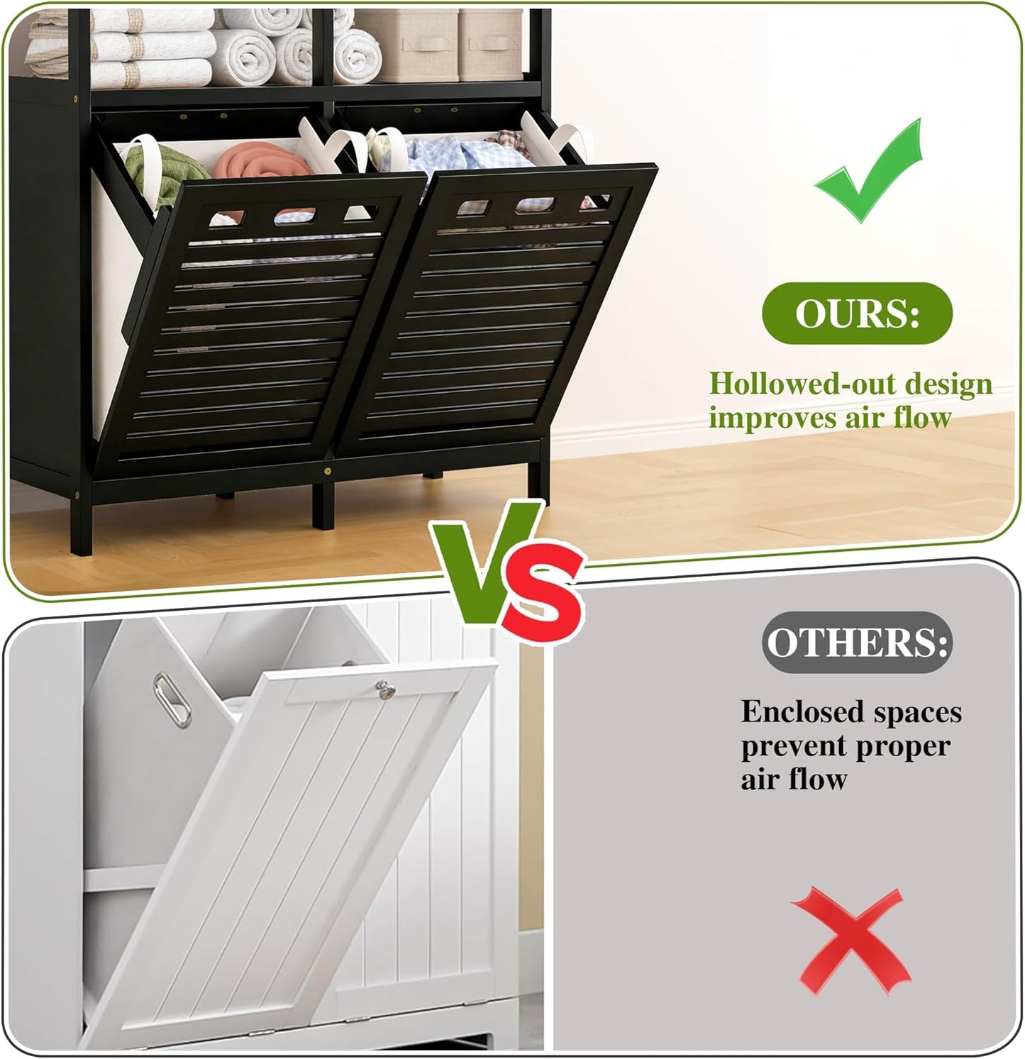 Tilt Out Laundry Hamper Cabinet, Bamboo Double Laundry Hamper with 2 Removable Laundry Baskets, 20 Gal Laundry Sorter Organizer with Shelf for Dirty Clothes, Bathroom, Laundry Room, Natural