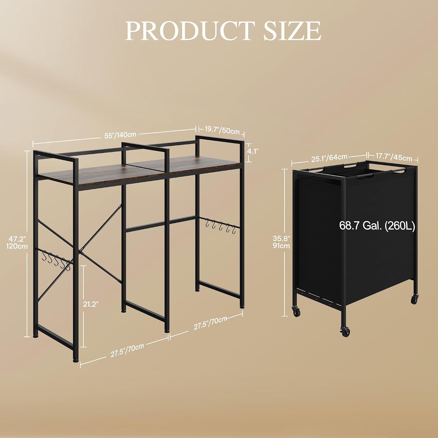 over Washer and Dryer Shelves, Standing Shelf with Wheels 68.7 Gal Rolling Laundry Hamper with Shelf/Hooks, over Washer Storage Portable Laundry Cart Bathroom Organization, 55" H X 47.20" W