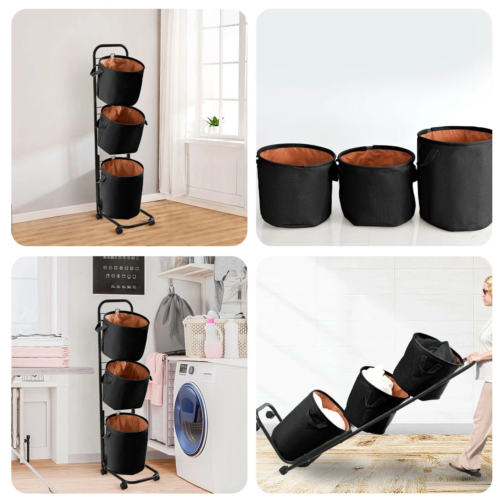 3-Tier Laundry Hamper Sorter, Laundry Storage Organizer with Wheels Movable Rolling Laundry Baskets Cart, Bathroom Cart Clothes Shelf,Laundry Butler for Bathroom Bedroom Laundry Room, Black