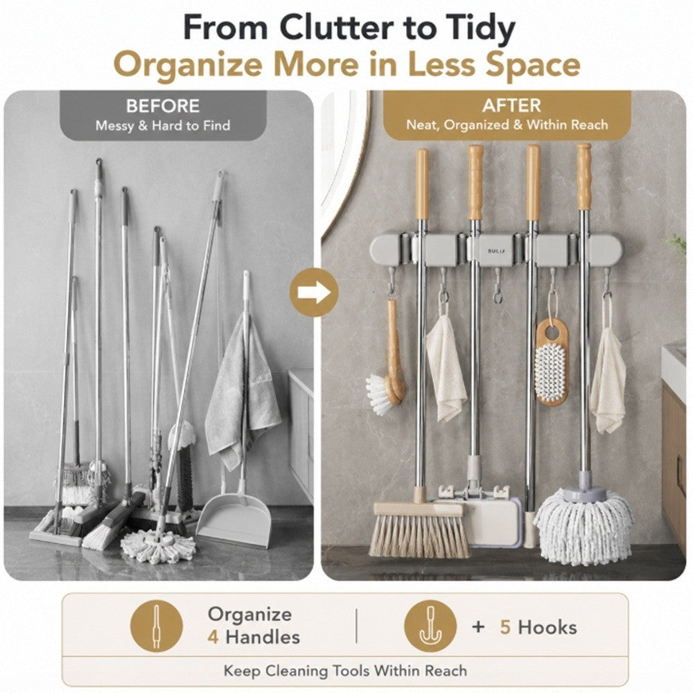 Wall Mounted Broom Mop Holder Organizer Rack 4 Slots 5 Hooks Garage Storage