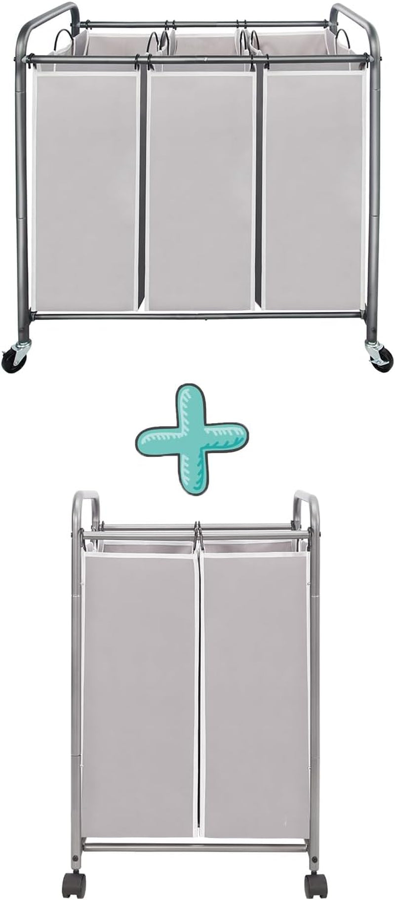 Laundry Sorter 3 Section plus 2 Section, Laundry Hamper with Rolling Wheels, Laundry Basket Sorter, Laundry Separator Hamper, Laundry Divider Hamper with Removable Bags