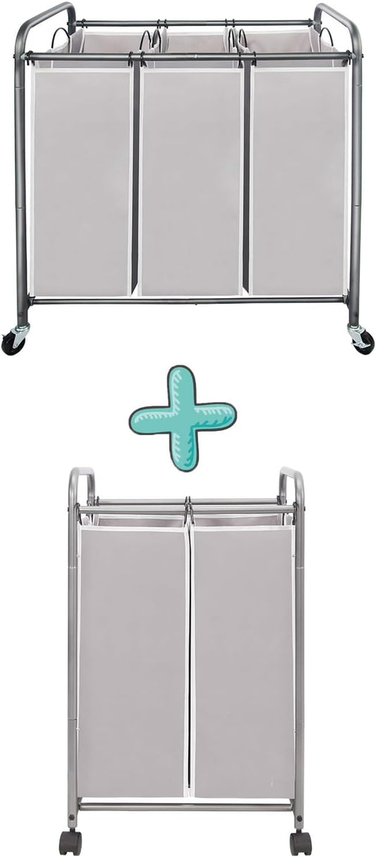 Laundry Sorter 3 Section plus 2 Section, Laundry Hamper with Rolling Wheels, Laundry Basket Sorter, Laundry Separator Hamper, Laundry Divider Hamper with Removable Bags