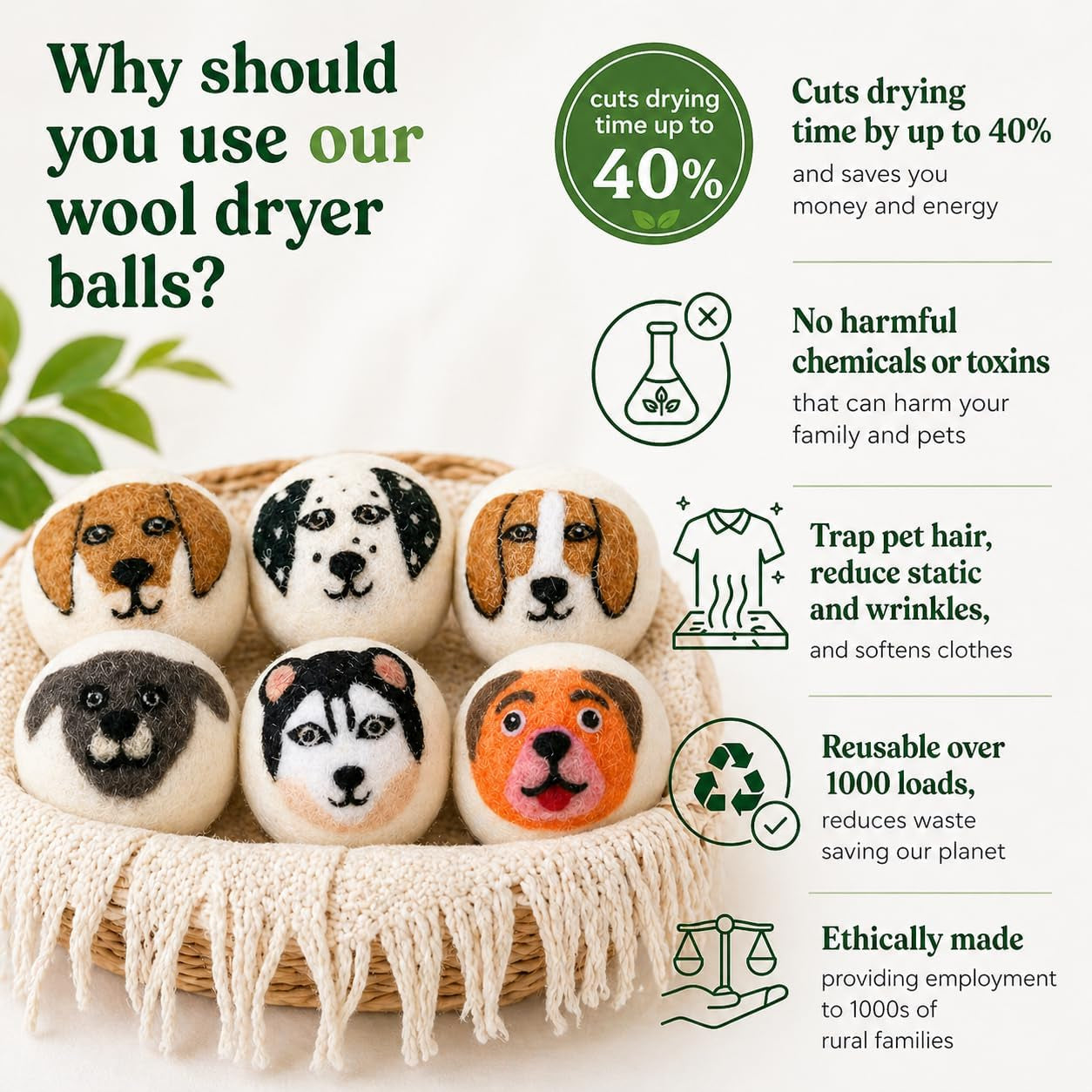 Wool Dryer Balls & Essential Oils for Laundry Bundle – 6 XL Puppy Reusable Dryer Balls with 6 Pack Essential Oils for Dryer Balls, Diffusers & Natural Fabric Softening