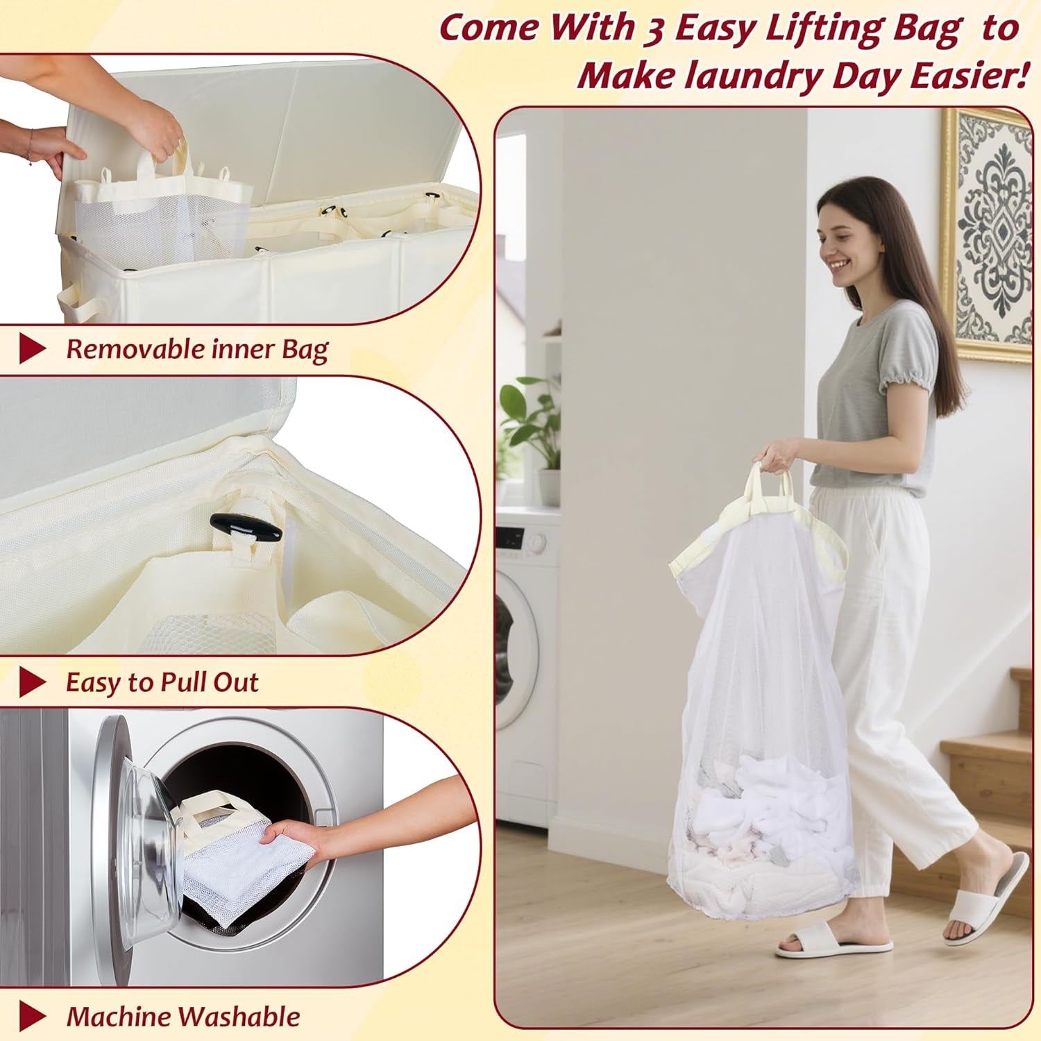 195L Laundry Hamper 3 Section,Large Laundry Hamper with Lid,Dirty Clothes Hamper with 3 Inner Bags,Collapsible Laundry Basket Organizer for Laundry Room,Bedroom,Laundry Sorter Hamper 3 Compartment