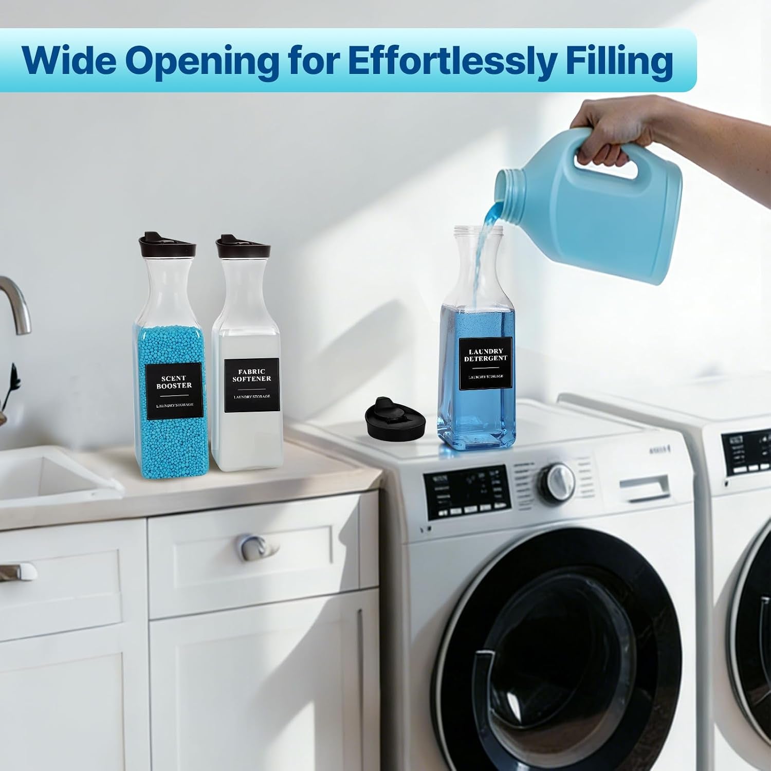 3 Pack Laundry Detergent Dispenser, Soap & Fabric Softener Dispenser, 54Oz Detergent Containers, Laundry Room Organization and Storage Plastic Bottle for Scent Booster, Powder, Bleach (Height 12.2'')