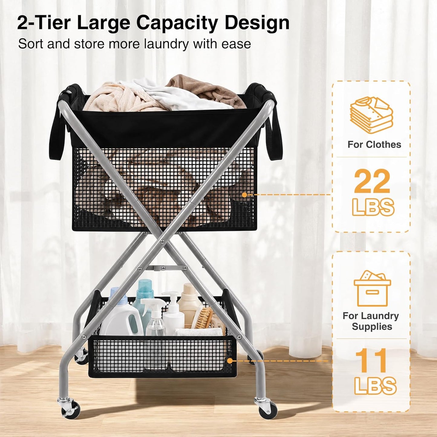 2-Tier Foldable Laundry Cart with Wheels, 75L Tall Rolling Laundry Hamper, Collapsible Laundry Basket with Removable Bag, Rust-Resistant Steel Frame for Laundry Room, Bathroom, Dorm, Black