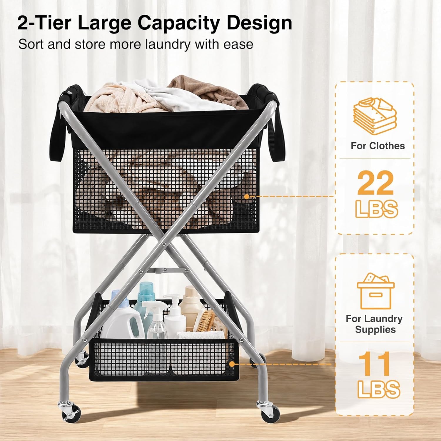 2-Tier Foldable Laundry Cart with Wheels, 75L Tall Rolling Laundry Hamper, Collapsible Laundry Basket with Removable Bag, Rust-Resistant Steel Frame for Laundry Room, Bathroom, Dorm, Black
