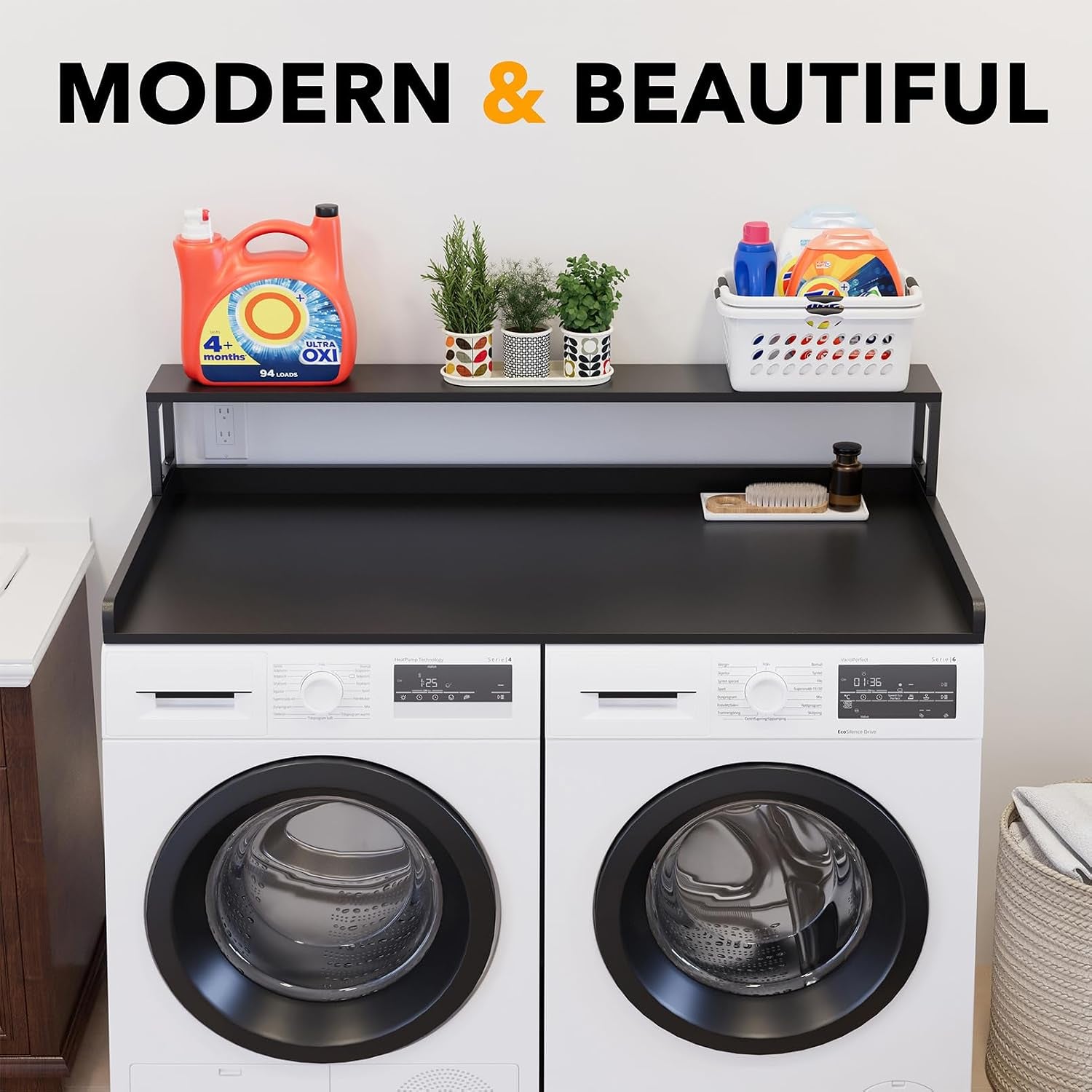 2-Tier Washer Dryer Countertop, Laundry Topper with Rack Shelf 54" Width X 27.5" Depth X 10" Height Organizer Cover for Washer and Dryer Laundry Hamper Counter Storage (Black)