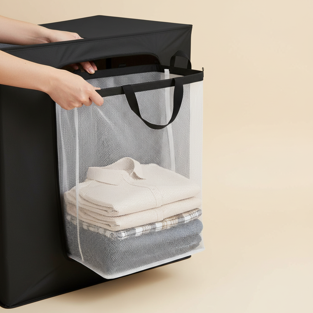 LIND 3-Section Laundry Hamper, removable bag lift-out detail