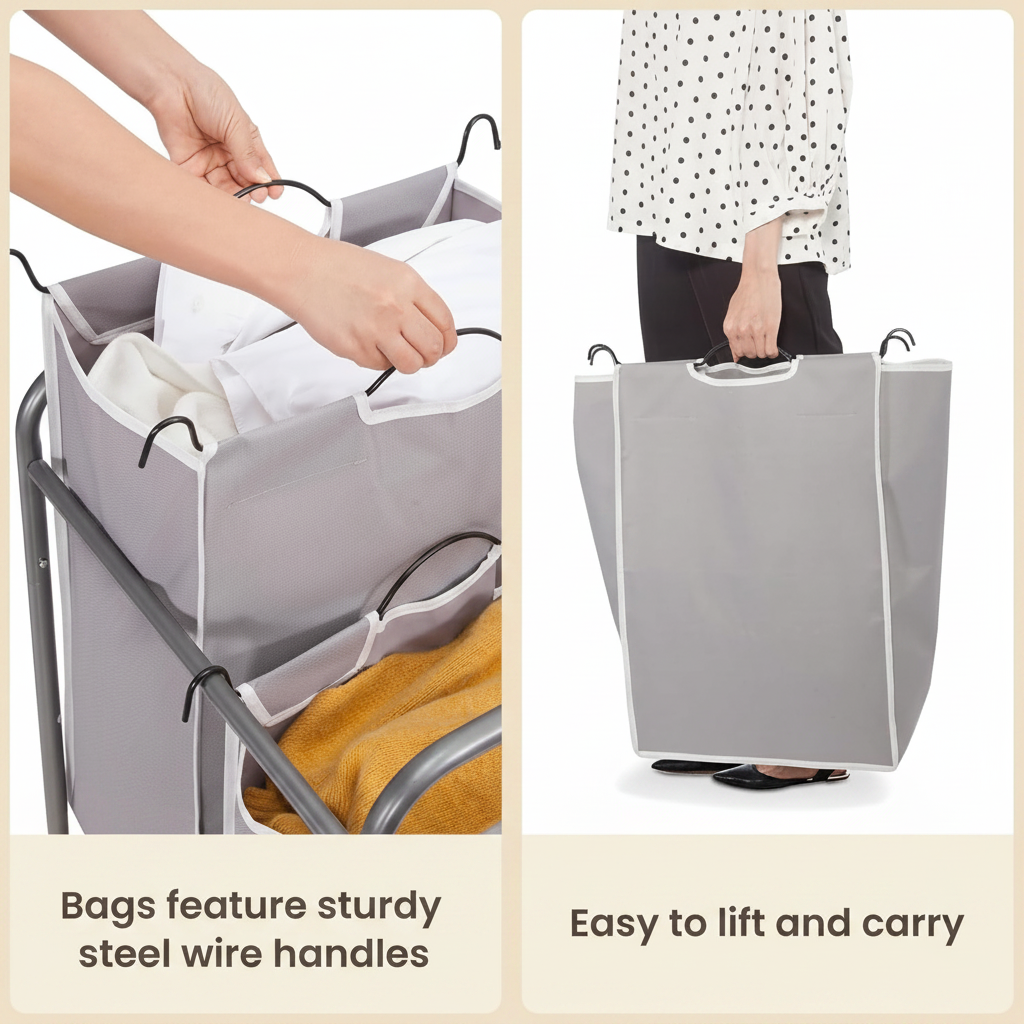 LIND 5-Bag Laundry Sorter Cart, removable bags detail