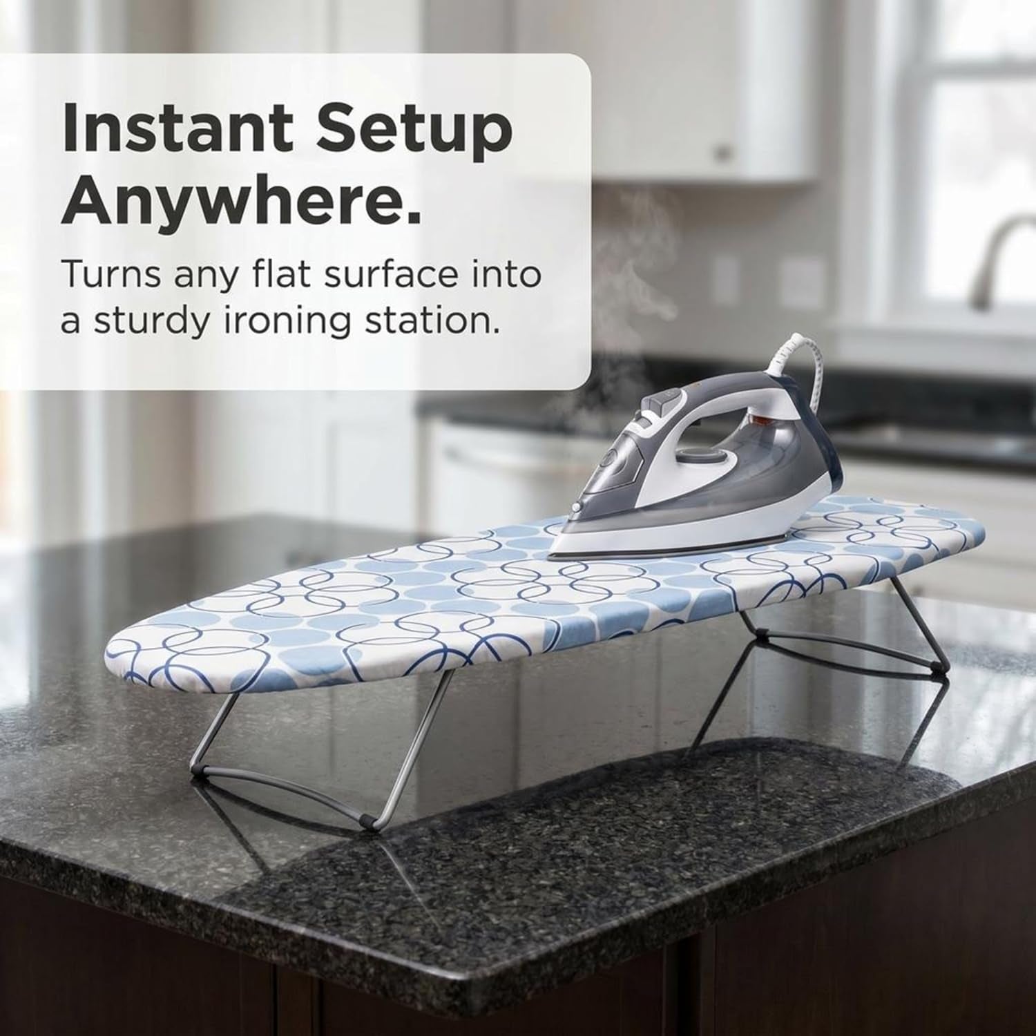 122101 Small Tabletop Ironing Board with Folding Legs - Magic Rings Cover and Pad,Blue Rings