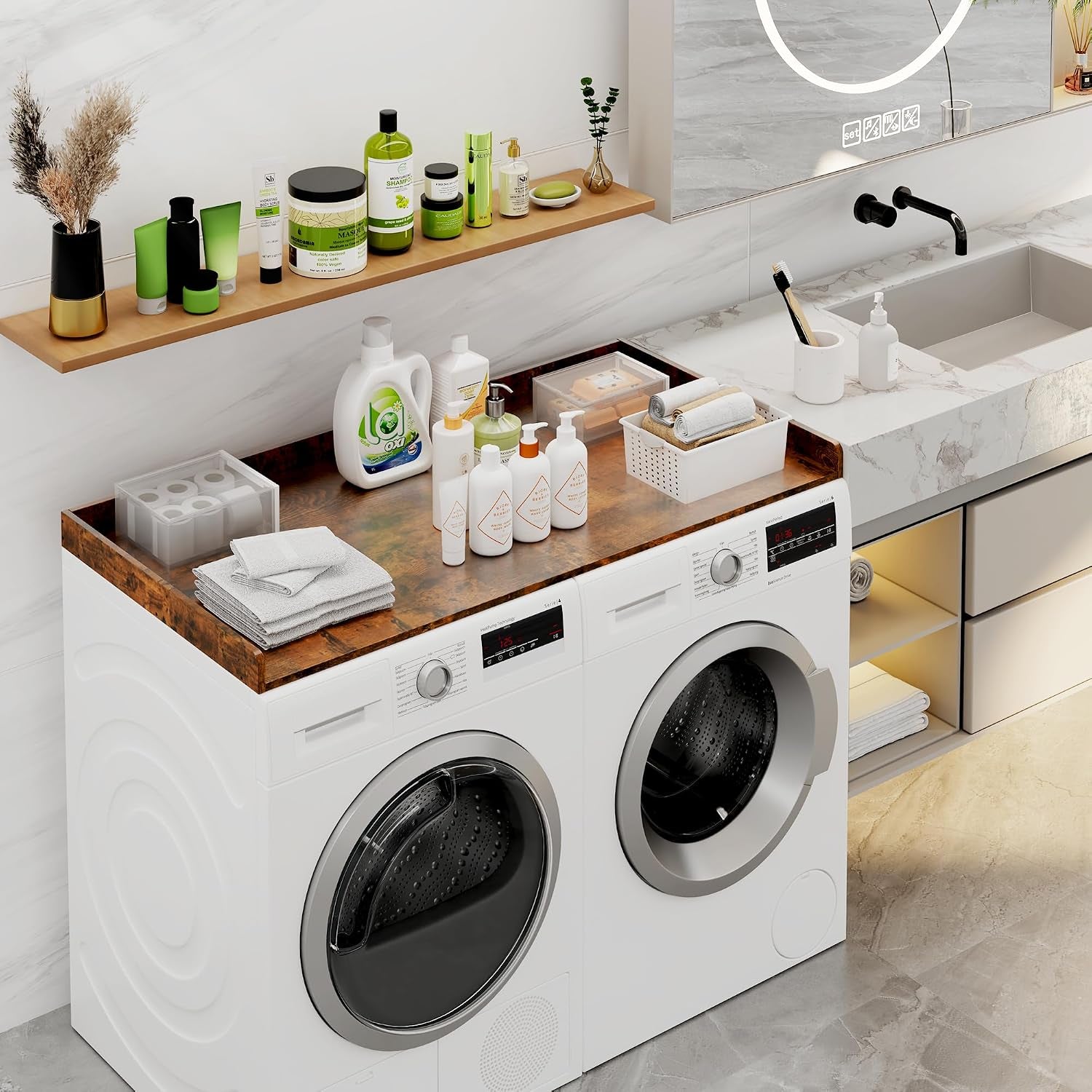 Washer Dryer Countertop, Wood Countertop with Edge Rails for Laundry Room Organization and Storage, Washer Dryer Topper for Laundry Room, 27.5" X 54" Rustic Brown