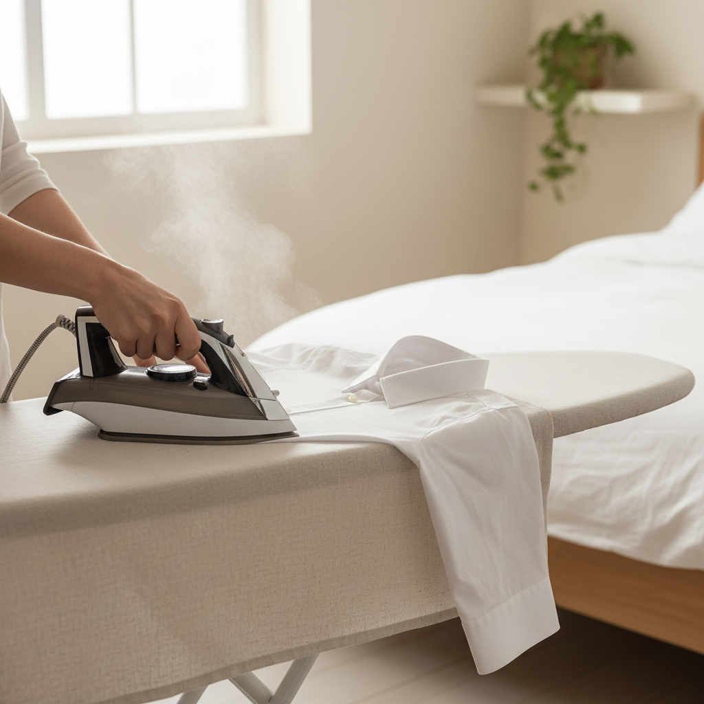 LIND Tabletop Ironing Board, styled on a bed