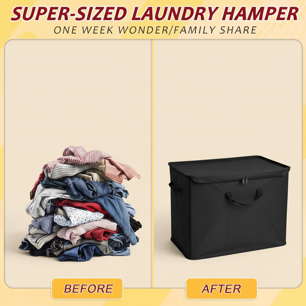 LIND 3-Section Laundry Hamper, before and after showing clutter organized