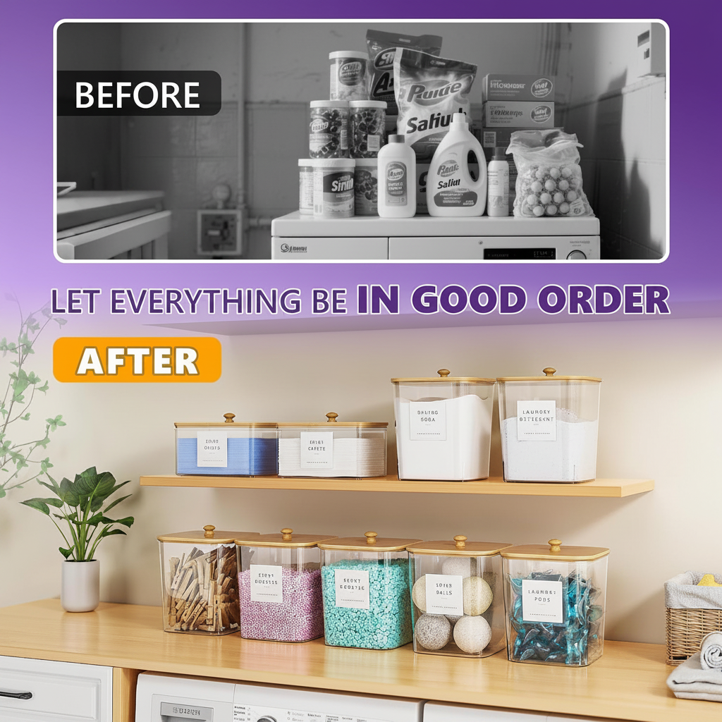 LIND Bamboo Lid Laundry Pod Jars, before and after showing pods organized