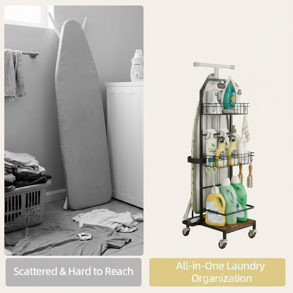 LIND Rolling Ironing Board Holder Cart, before and after showing ironing station organized