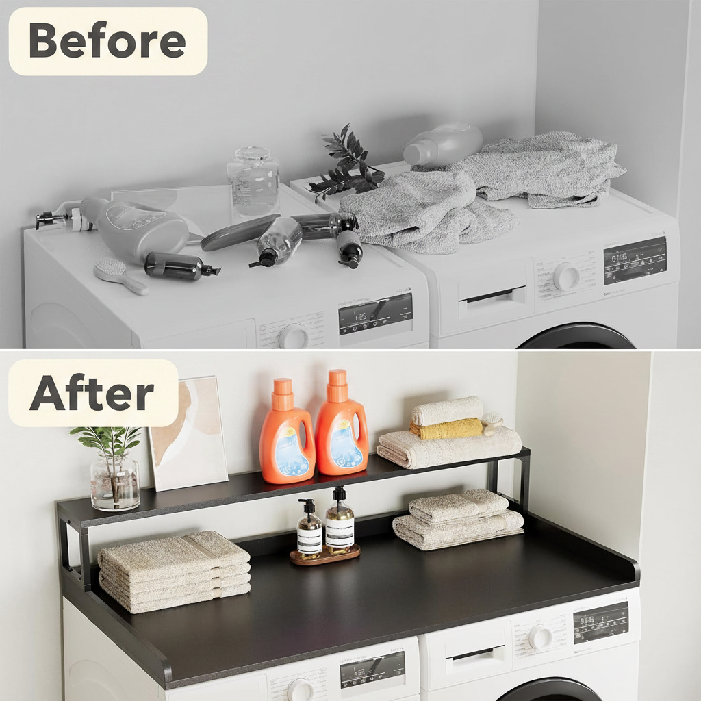 LIND Washer & Dryer Countertop with shelf, before and after showing top-load space organized