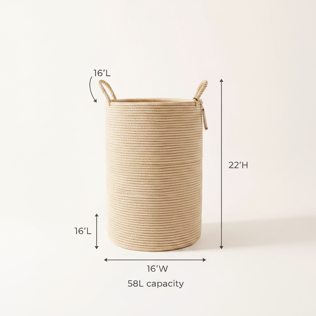Boho Cotton Rope Laundry Basket with Dimensions