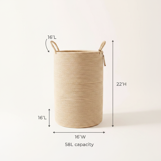 Boho Cotton Rope Laundry Basket with Dimensions
