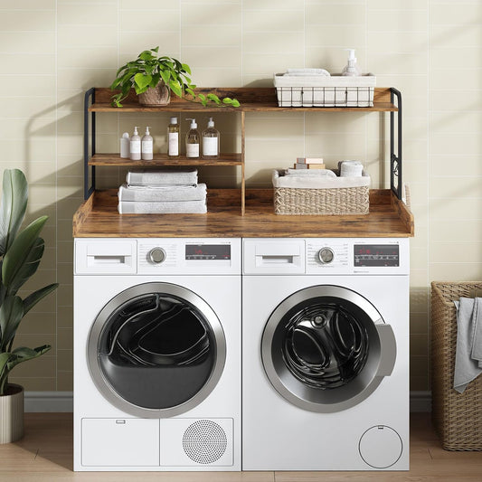 Washer and Dryer Countertop with Shelves, 54" X 27.56" 3 Tiers Large Laundry Topper with 2.95" Edge Rails, Laundry Room Storage and Organization with 2 Hooks and Non-Slip Pads
