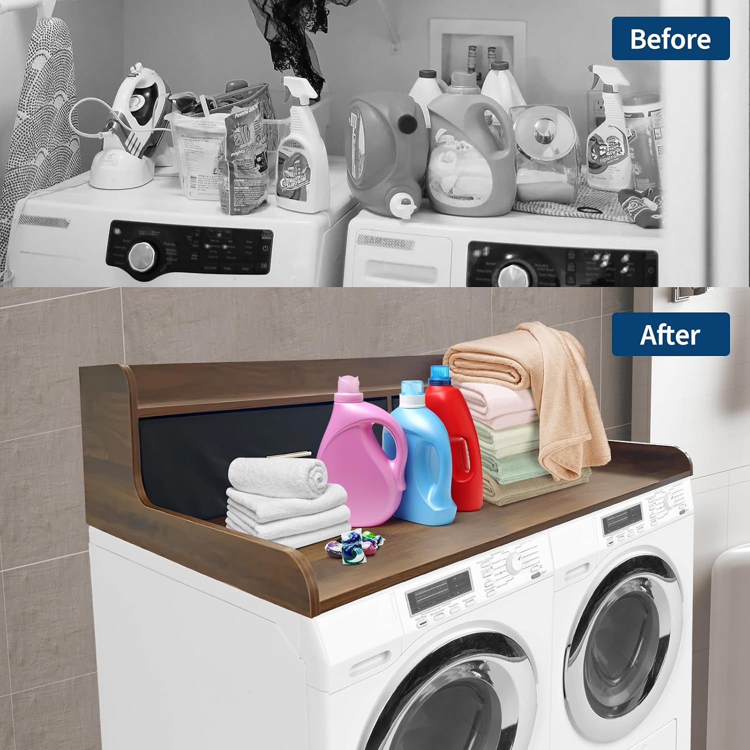 2-Tier Washer Dryer Countertop with 2 Drawers, 54" W X 27.55" D Laundry Countertop with 2.75" H Edge Rails, Washer and Dryer Topper with Non-Slip Pad for Laundry Room Organization and Storage