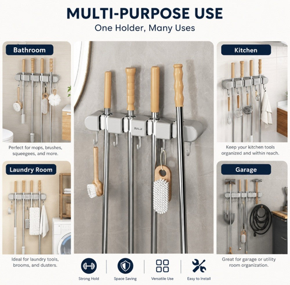 Wall Mounted Broom Mop Holder Organizer Rack 4 Slots 5 Hooks Garage Storage
