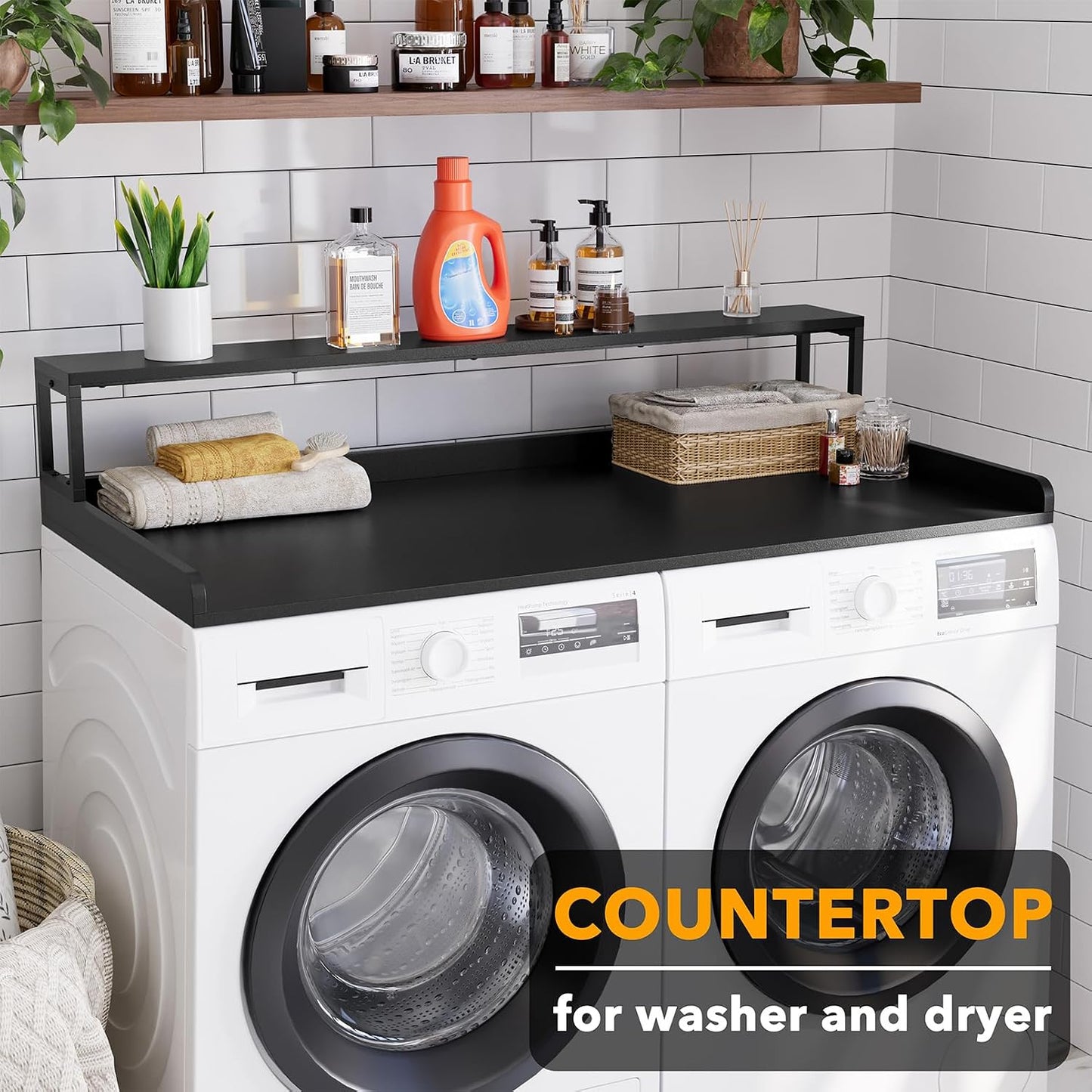 2-Tier Washer Dryer Countertop, Laundry Topper with Rack Shelf 54" Width X 27.5" Depth X 10" Height Organizer Cover for Washer and Dryer Laundry Hamper Counter Storage (Black)
