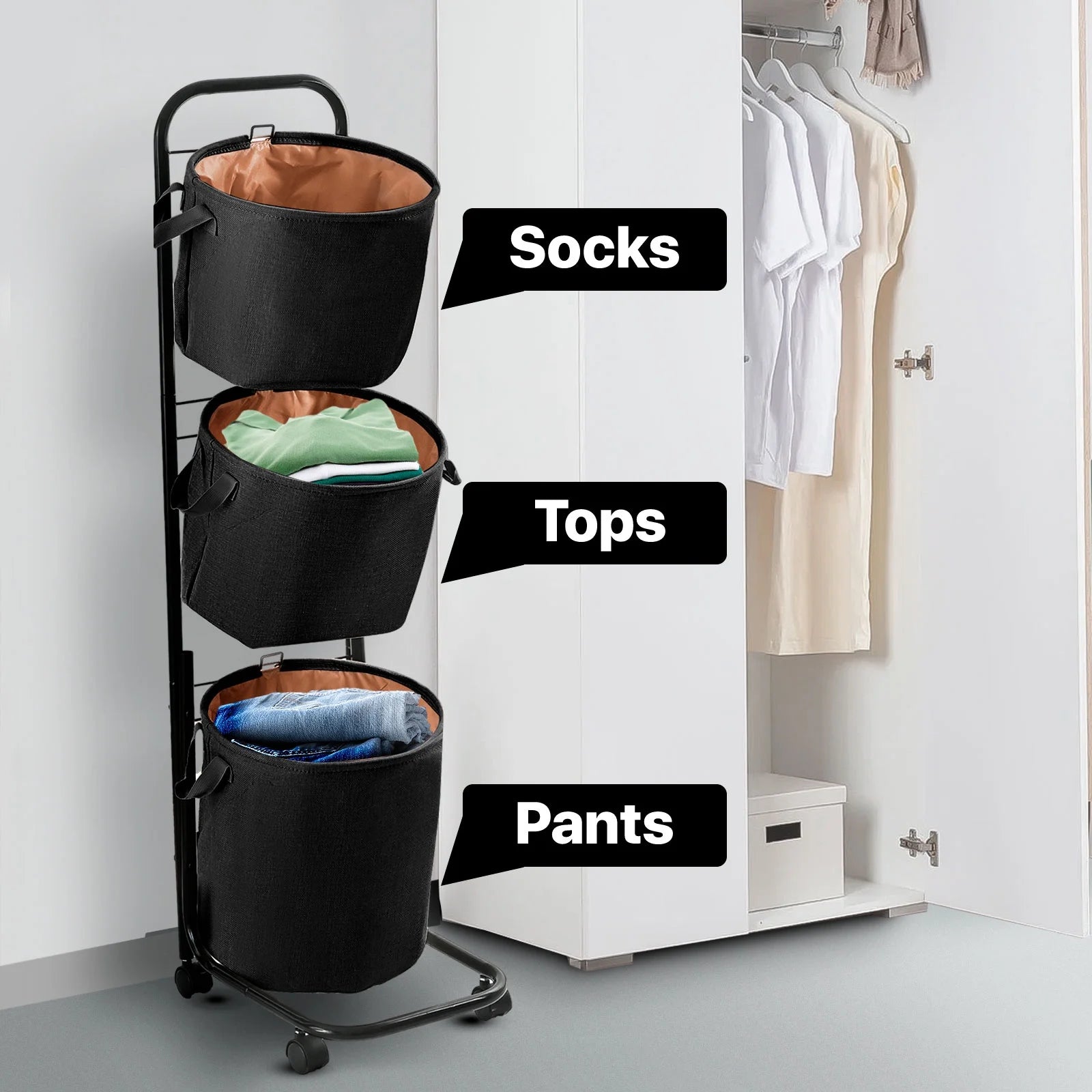 3-Tier Laundry Hamper Sorter, Laundry Storage Organizer with Wheels Movable Rolling Laundry Baskets Cart, Bathroom Cart Clothes Shelf,Laundry Butler for Bathroom Bedroom Laundry Room, Black