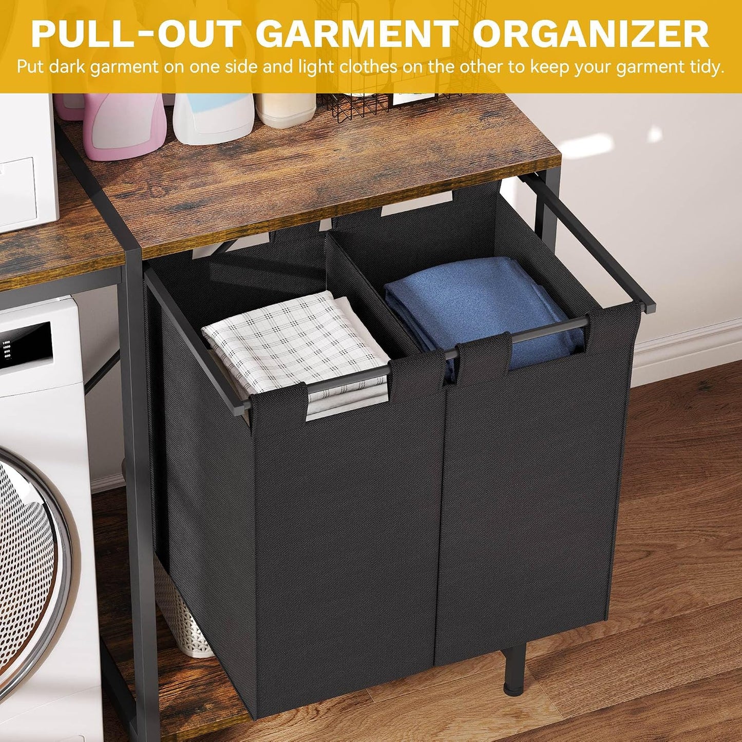 over Washer and Dryer Shelves, Laundry Room Organization with Removable Pull-Out Hamper, Hanging Rods, Metal Hooks, Heavy-Duty Laundry Countertop with Non-Tipping Kits, Retro Color