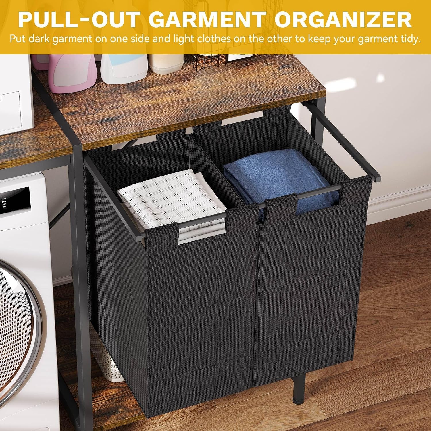 over Washer and Dryer Shelves, Laundry Room Organization with Removable Pull-Out Hamper, Hanging Rods, Metal Hooks, Heavy-Duty Laundry Countertop with Non-Tipping Kits, Retro Color