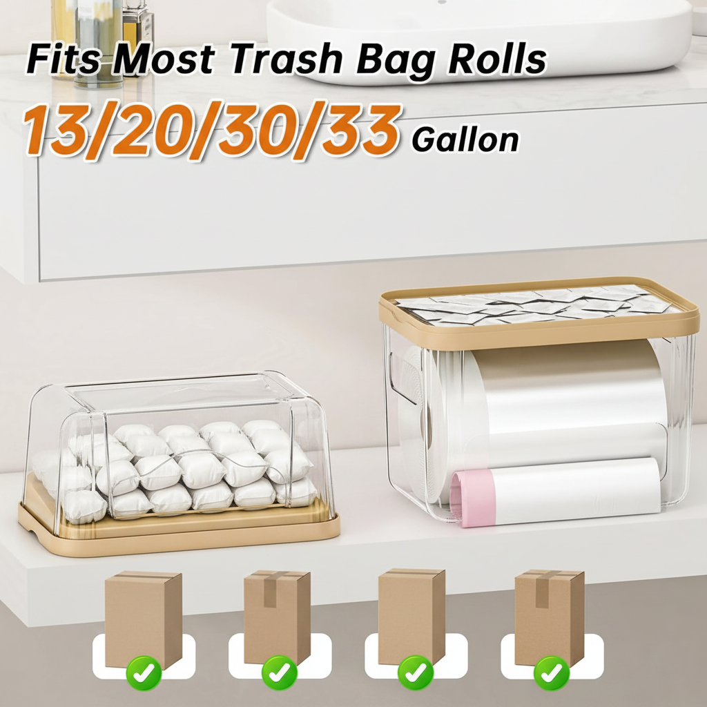 LIND 3-in-1 Clear Acrylic Pod & Trash Bag Dispenser, compatibility detail