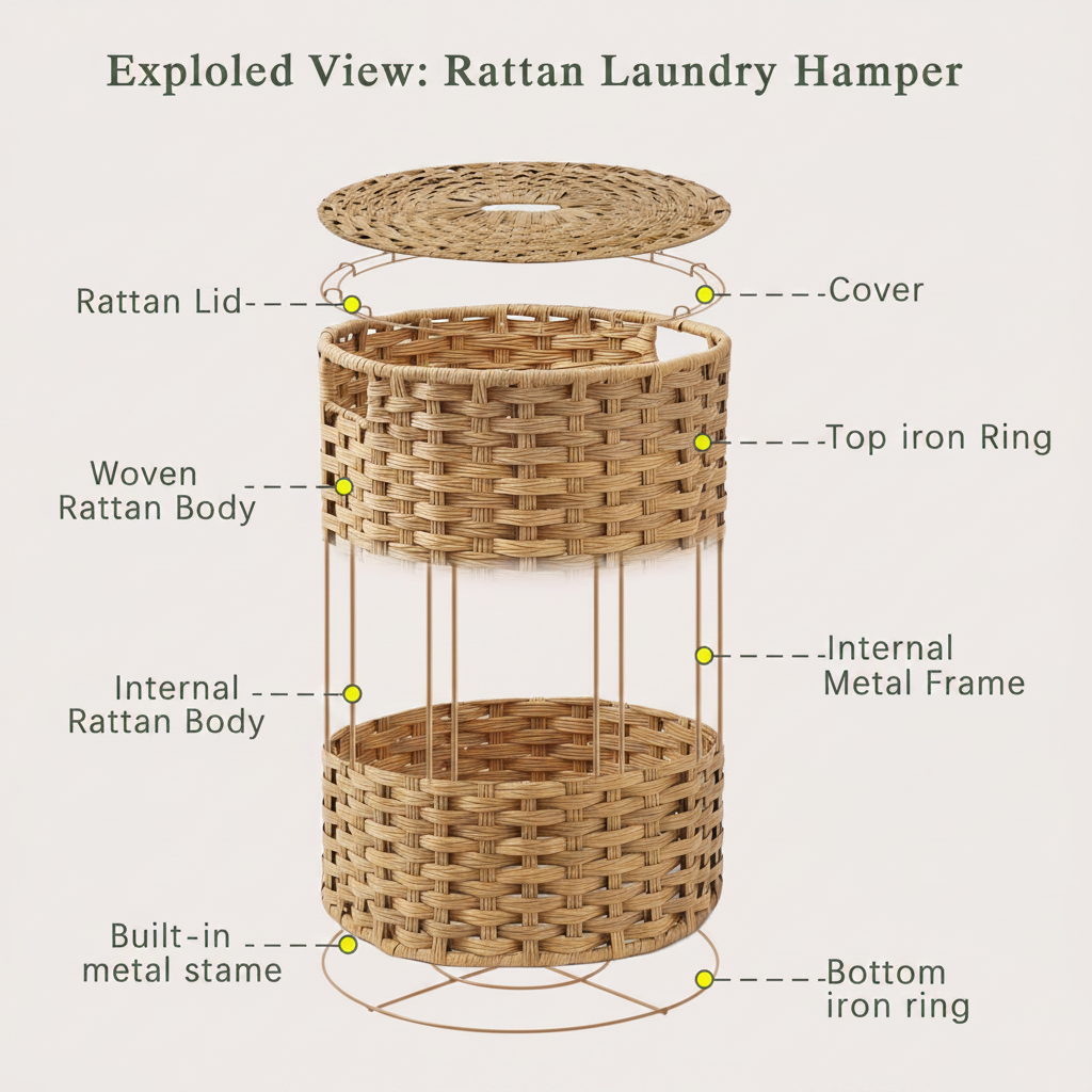 LIND Handwoven Wicker Laundry Hamper, construction detail