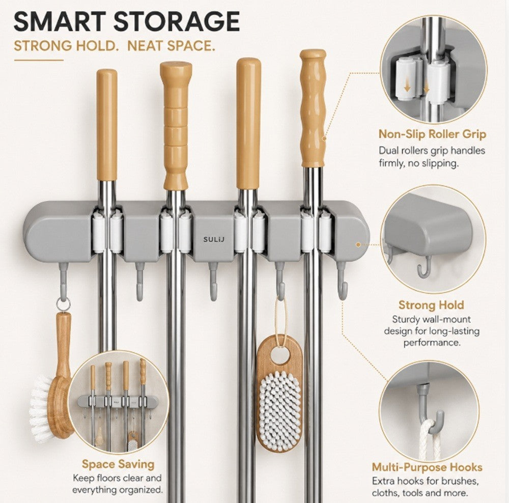 Wall Mounted Broom Mop Holder Organizer Rack 4 Slots 5 Hooks Garage Storage
