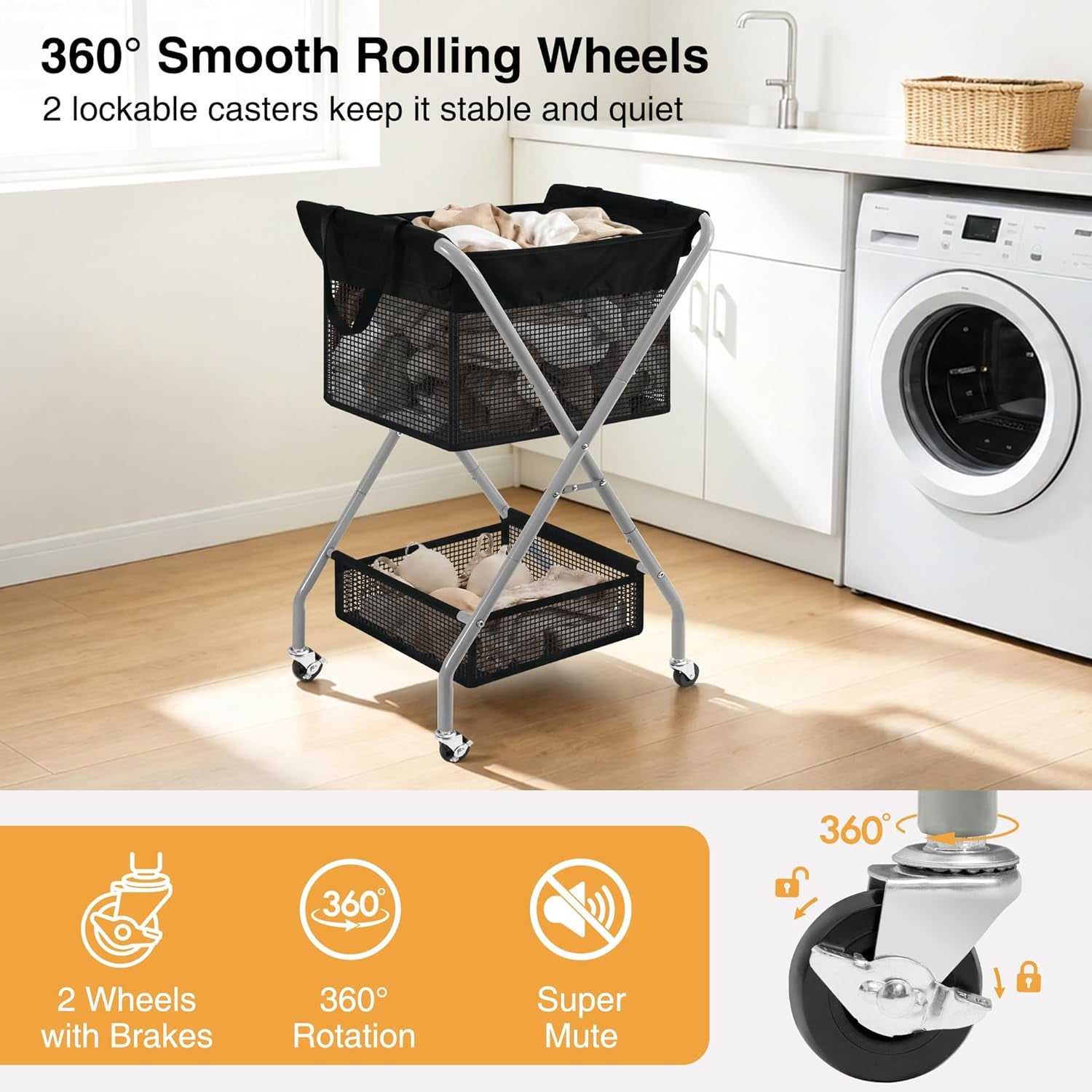 2-Tier Foldable Laundry Cart with Wheels, 75L Tall Rolling Laundry Hamper, Collapsible Laundry Basket with Removable Bag, Rust-Resistant Steel Frame for Laundry Room, Bathroom, Dorm, Black