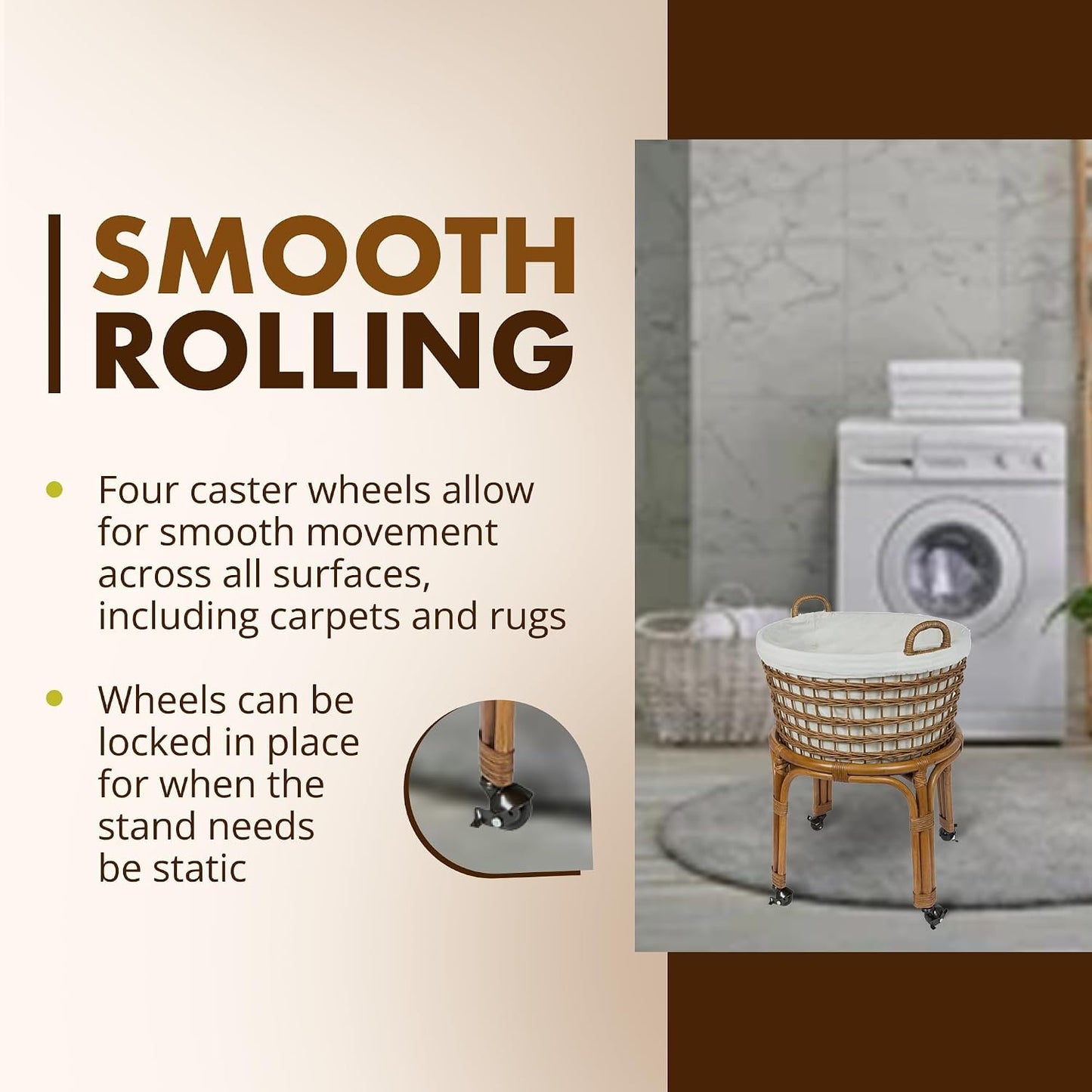 Rolling Wicker Laundry Basket, Handwoven Wicker Hamper with Removable Cotton Liner, Stand, & Locking Caster Wheels, Honey Brown