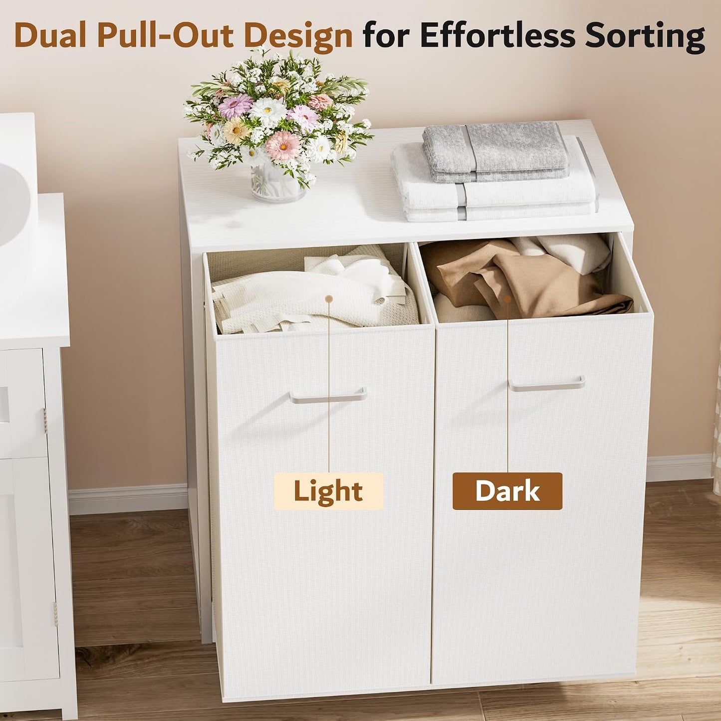 Double Pull-Out Laundry Hamper Cabinet; 120L Laundry Basket for Bathroom,Laundry Room; Laundry Sorter with 2 Pull-Out and Removable Bags