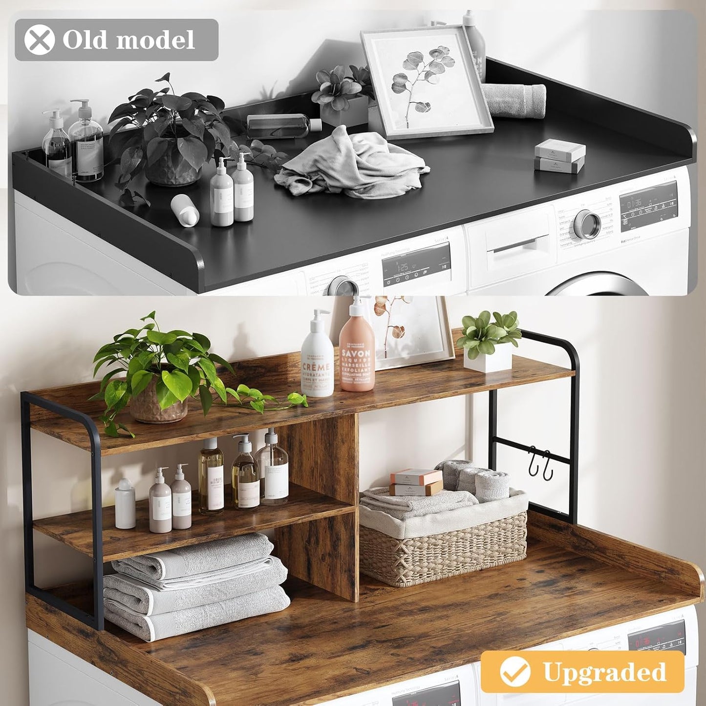 Washer and Dryer Countertop with Shelves, 54" X 27.56" 3 Tiers Large Laundry Topper with 2.95" Edge Rails, Laundry Room Storage and Organization with 2 Hooks and Non-Slip Pads