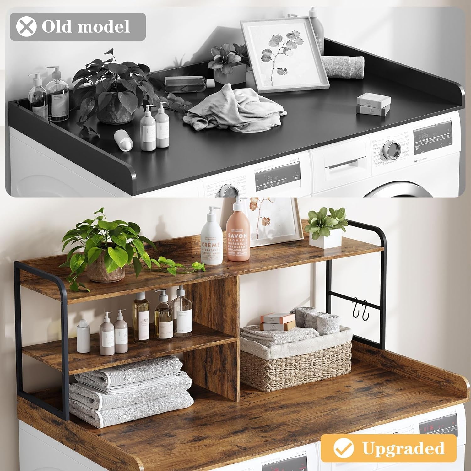 Washer and Dryer Countertop with Shelves, 54" X 27.56" 3 Tiers Large Laundry Topper with 2.95" Edge Rails, Laundry Room Storage and Organization with 2 Hooks and Non-Slip Pads