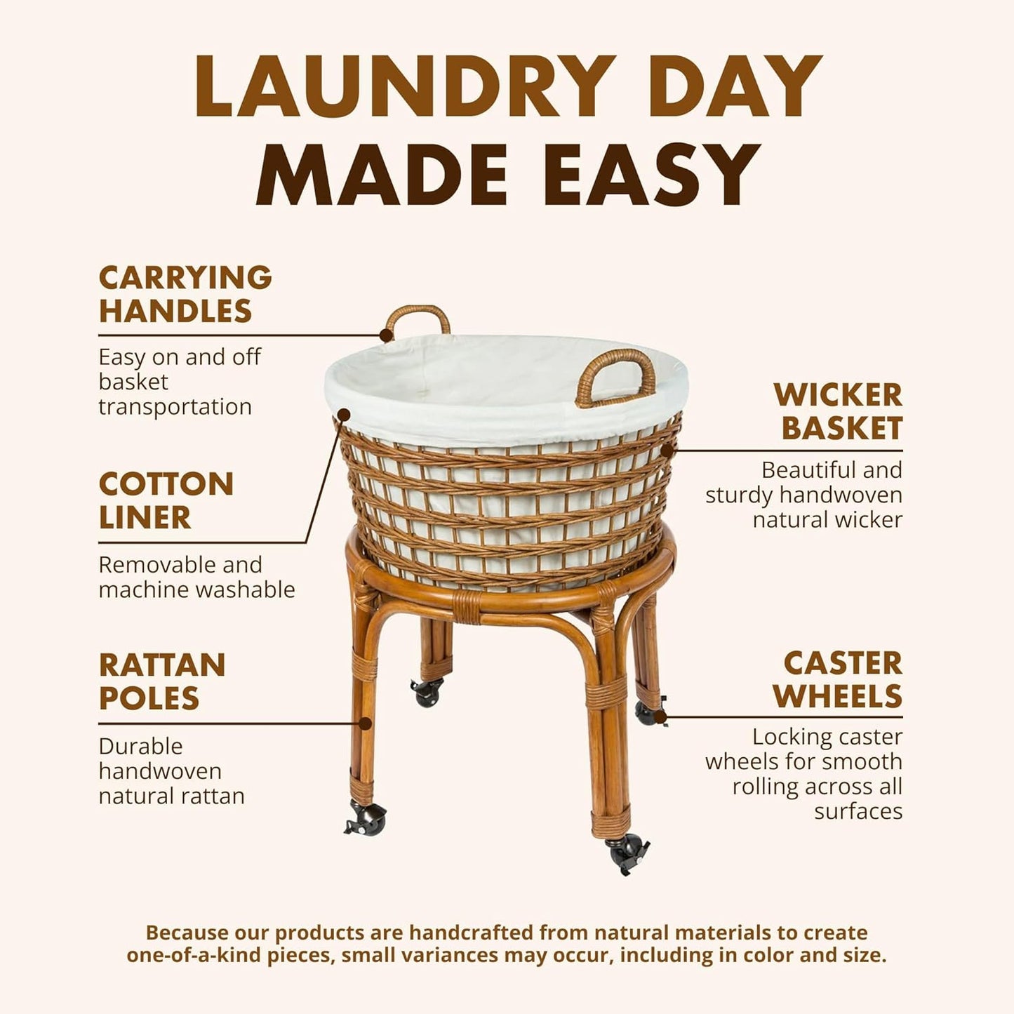 Rolling Wicker Laundry Basket, Handwoven Wicker Hamper with Removable Cotton Liner, Stand, & Locking Caster Wheels, Honey Brown