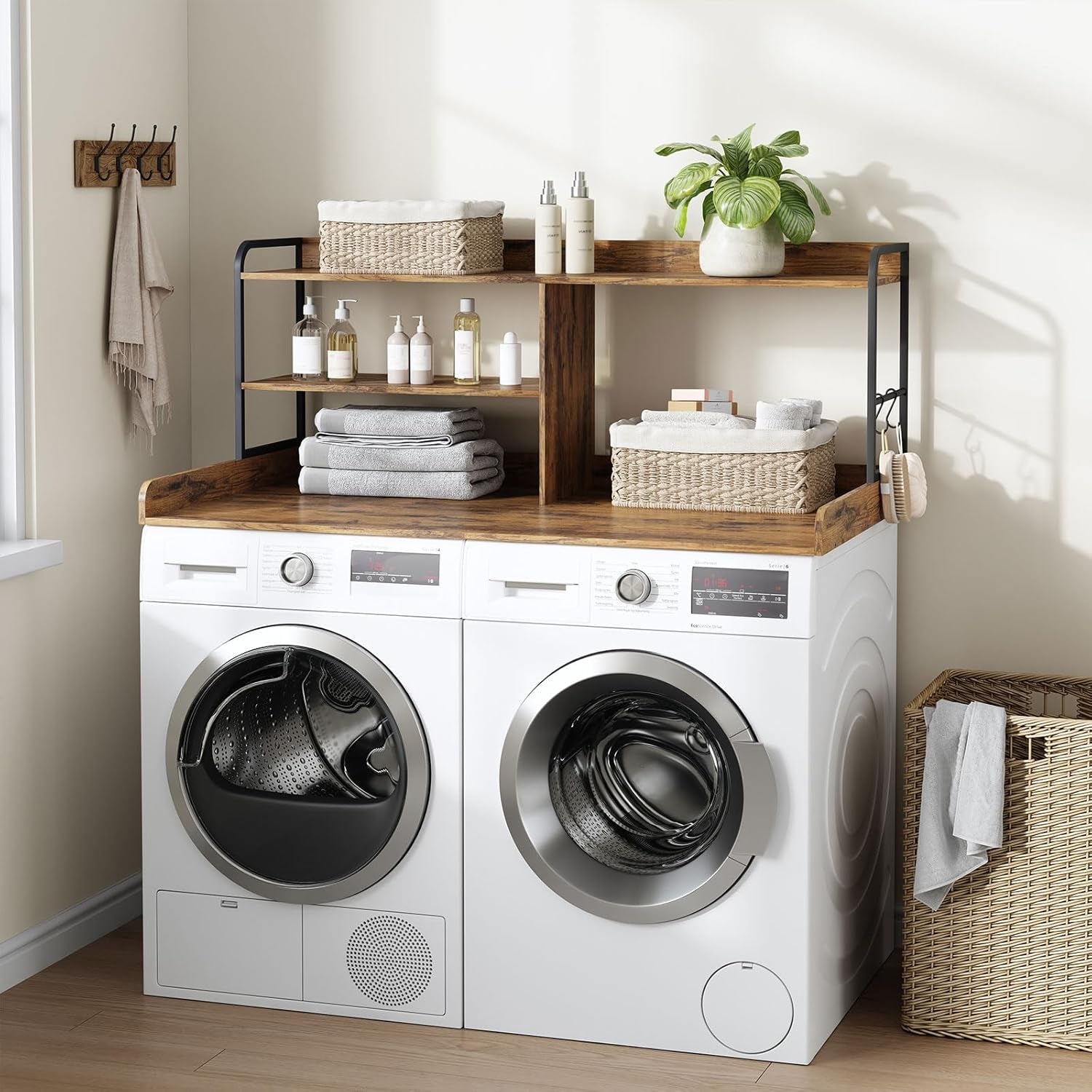 Washer and Dryer Countertop with Shelves, 54" X 27.56" 3 Tiers Large Laundry Topper with 2.95" Edge Rails, Laundry Room Storage and Organization with 2 Hooks and Non-Slip Pads