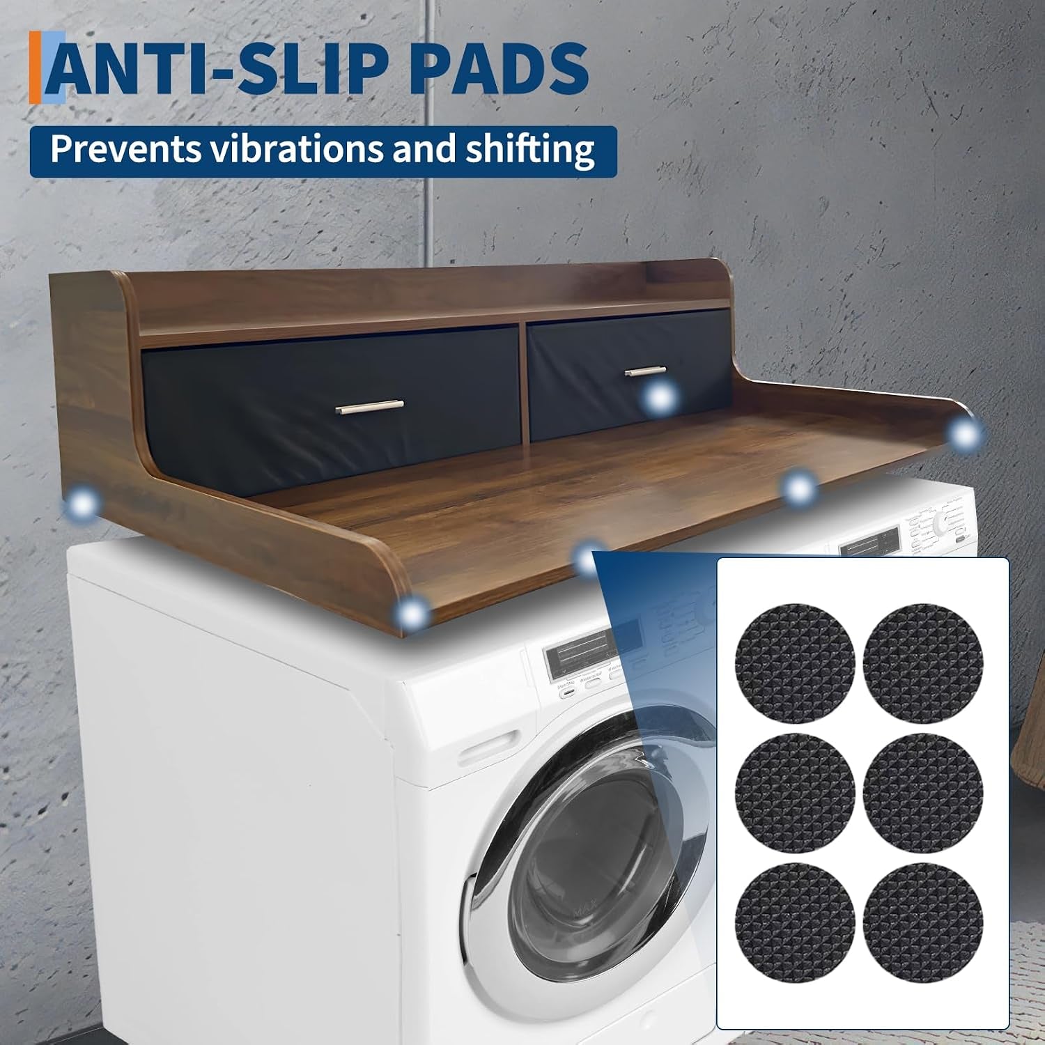 2-Tier Washer Dryer Countertop with 2 Drawers, 54" W X 27.55" D Laundry Countertop with 2.75" H Edge Rails, Washer and Dryer Topper with Non-Slip Pad for Laundry Room Organization and Storage
