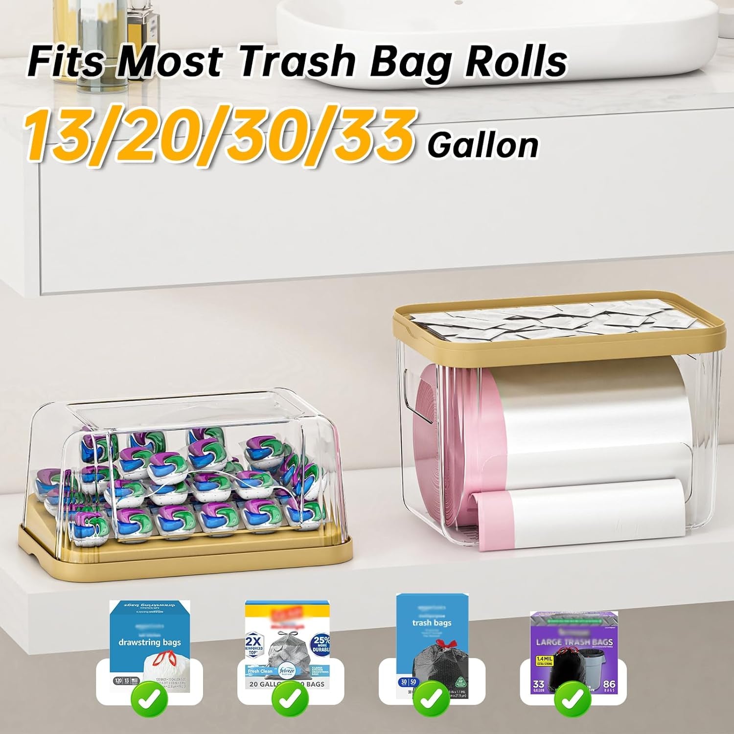 2-In-1 Trash Bag Dispenser & Laundry/Dishwasher Pods Container, Clear Acrylic Garbage Bag Holder with Removable Lids, under Sink Organizer Kitchen Pantry Storage Box