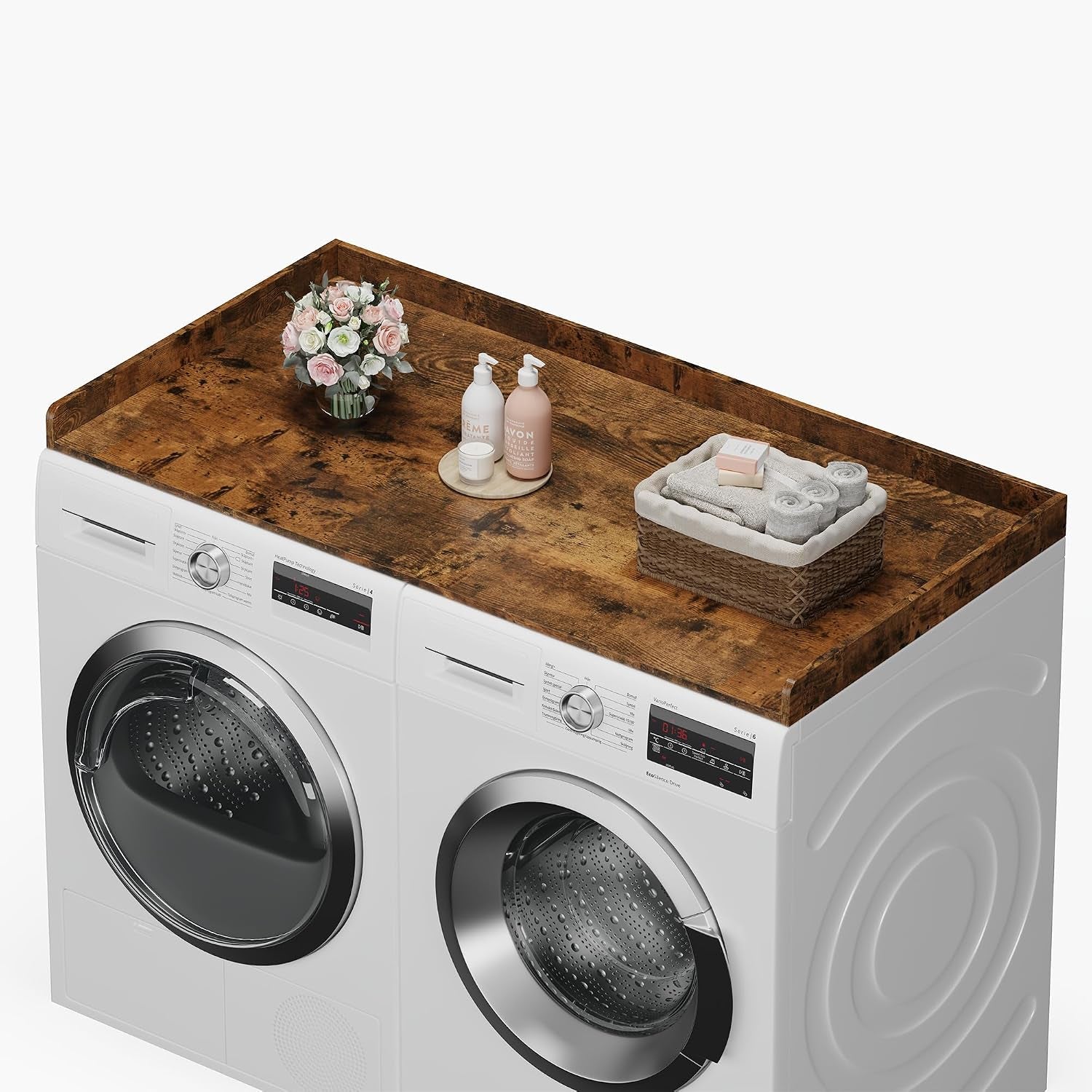 Washer Dryer Countertop, Wood Countertop with Edge Rails for Laundry Room Organization and Storage, Washer Dryer Topper for Laundry Room, 27.5" X 54" Rustic Brown