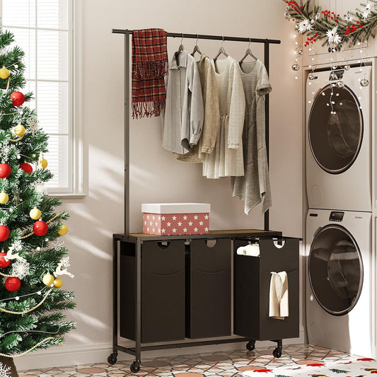 Laundry Sorter 3 Section, Rolling Laundry Hamper with Hanging Rack, Laundry Sorter with Wheels, Hampers for Laundry, Laundry Basket Organizer for Laundry Room, Rustic Brown LS37BR